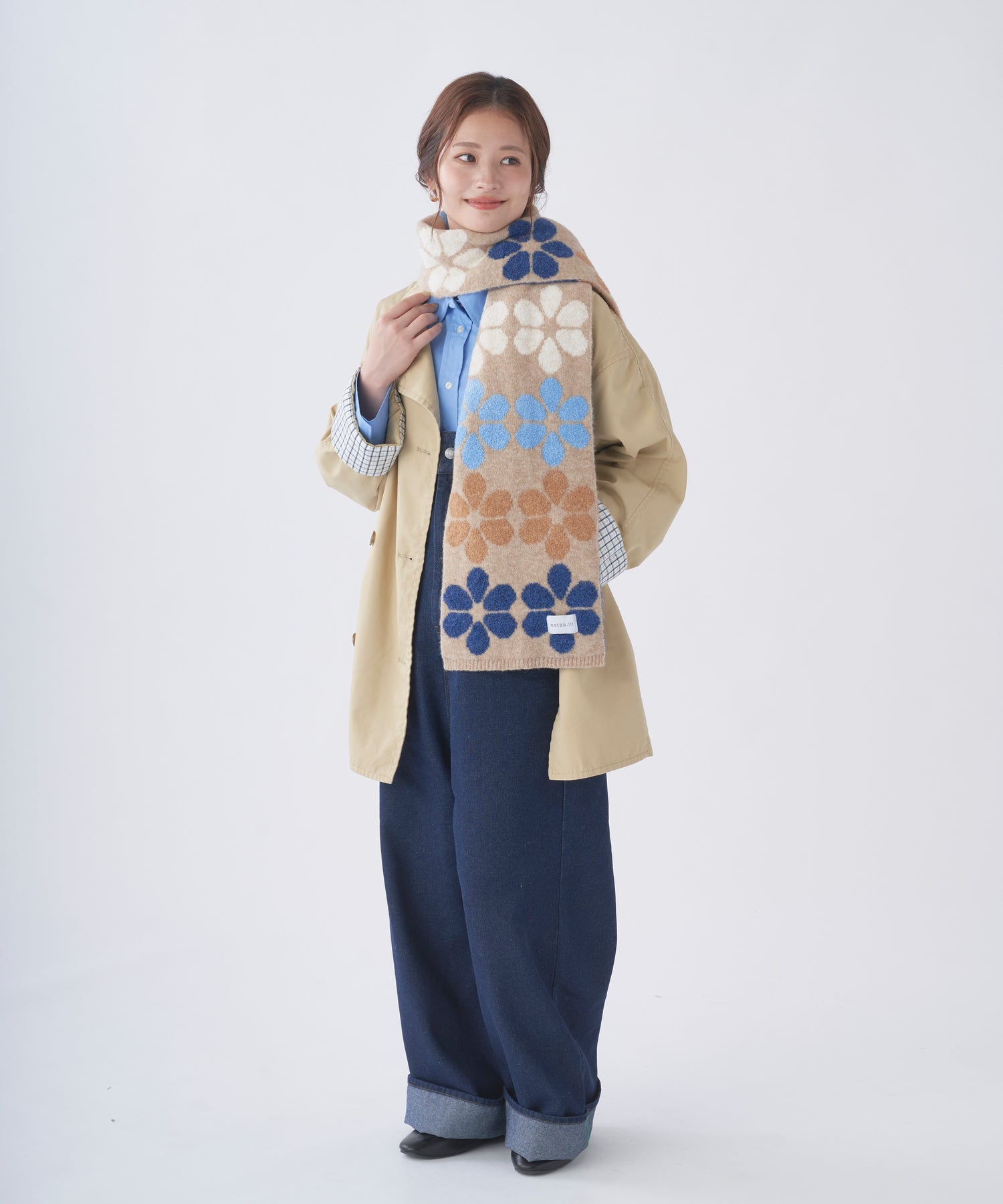 エスタ estaa 【洗える】ニットマフラー 24×160cm フラワージャカード （ベージュ） ベージュ