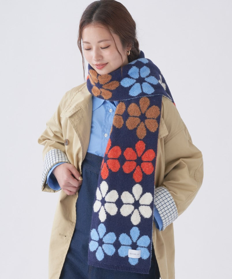 エスタ estaa 【洗える】ニットマフラー 24×160cm フラワージャカード （ディープブルー） ディープブルー