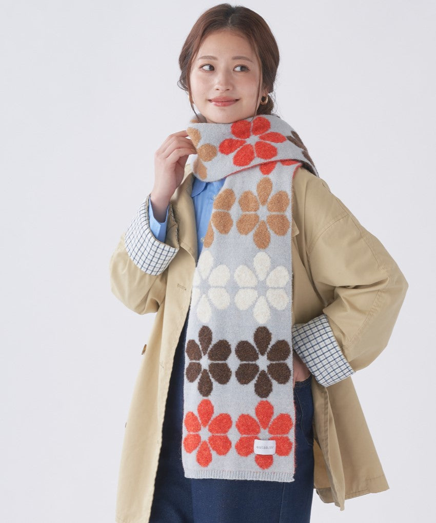 エスタ estaa 【洗える】ニットマフラー 24×160cm フラワージャカード （ライトグレー） ライトグレー