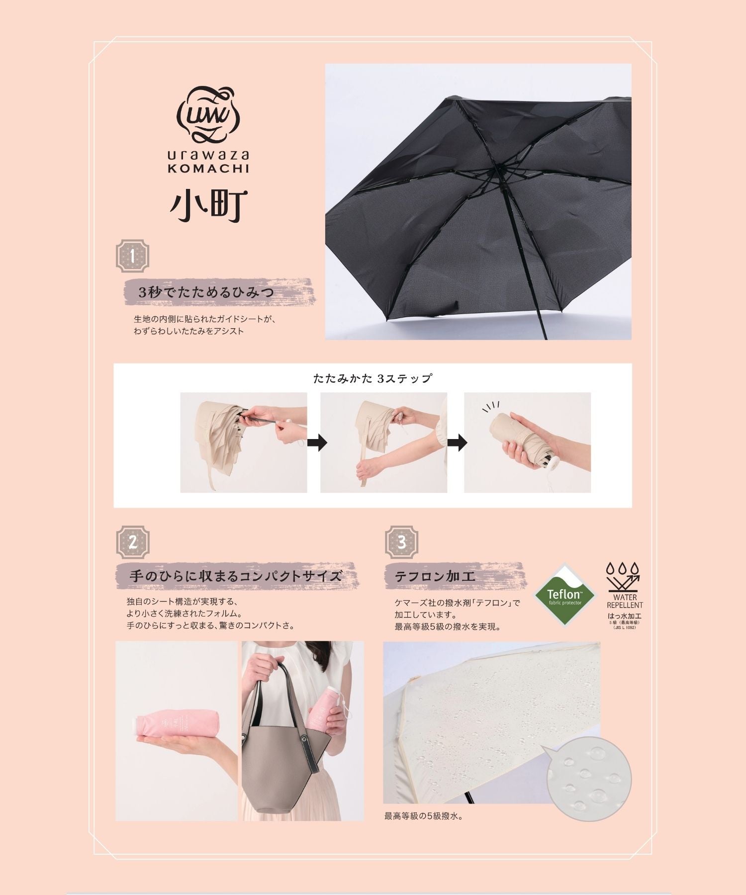 エスタ estaa 折りたたみ雨傘 -urawaza 小町- コンパクト プレーン 50cm UV ユニセックス （ブラック） ブラック