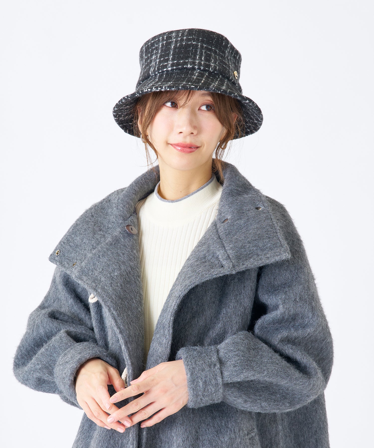 エスタ estaa バケットハット 帽子 ざっくりツイード ロゴ ワンポイント サイズ調整可 （ブラック） ブラック