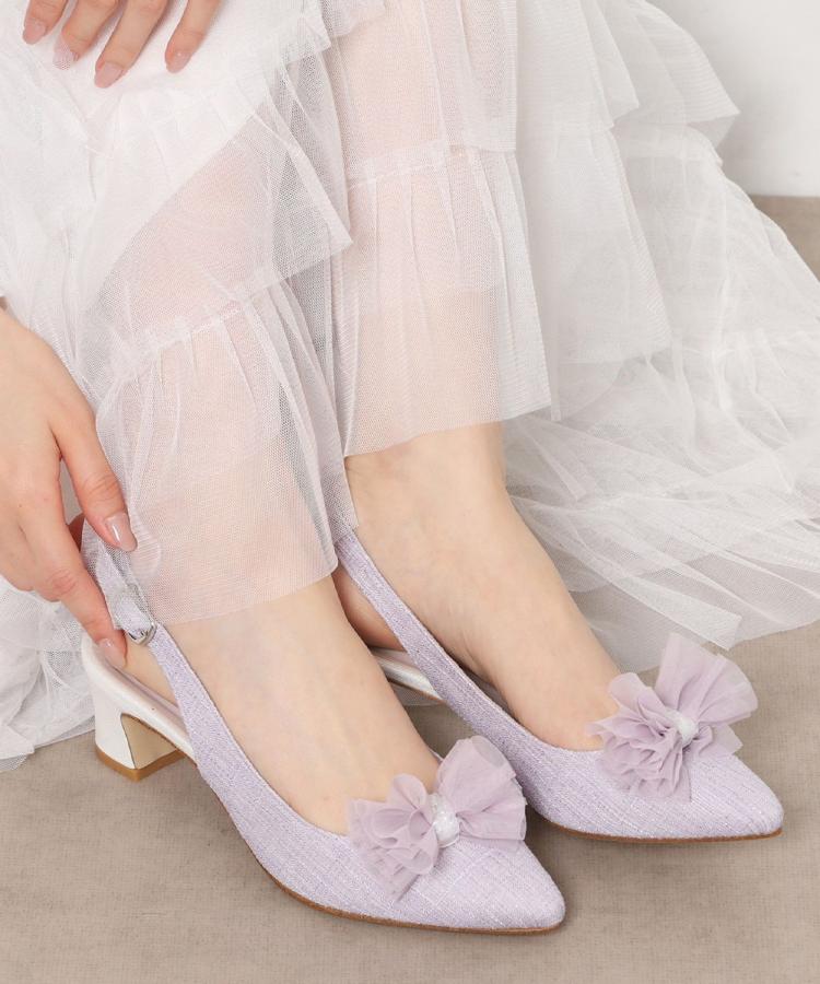 エスペランサ ESPERANZA シフォンリボン付き付バックストラップパンプス （パープル(383)） パープル(383)