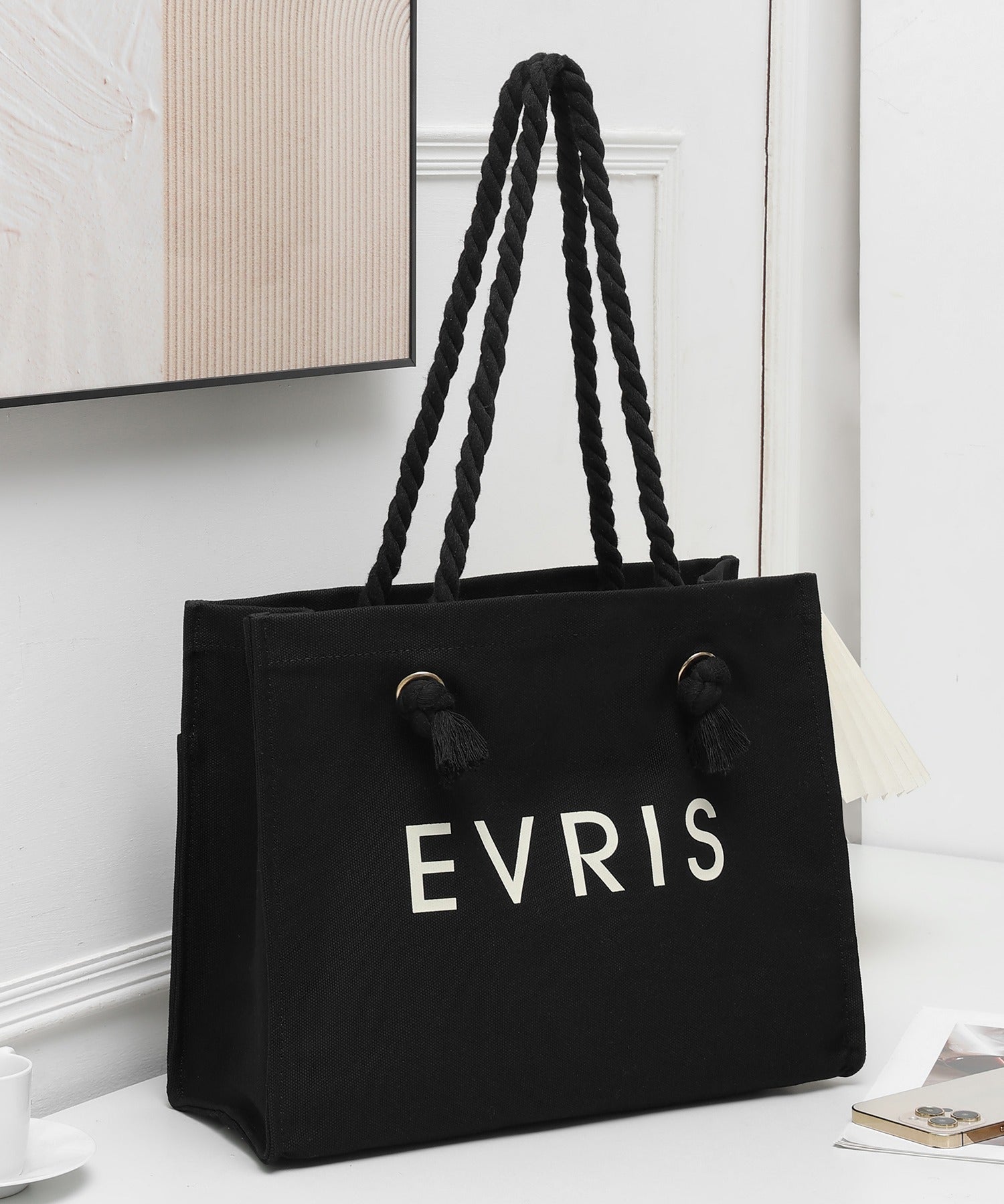 エヴリス EVRIS 【EVRIS/エヴリス】ロゴファブリック プリントロープトートバッグ／A4収納可 （BLK76） BLK76