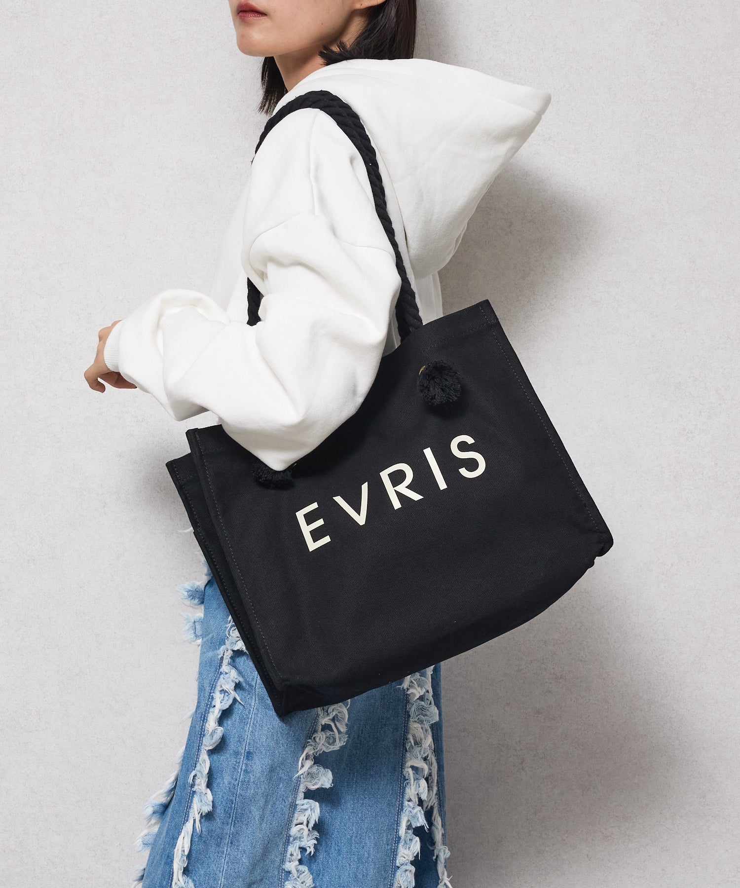 エヴリス EVRIS 【EVRIS/エヴリス】ロゴファブリック プリントロープトートバッグ／A4収納可 （BLK76） BLK76