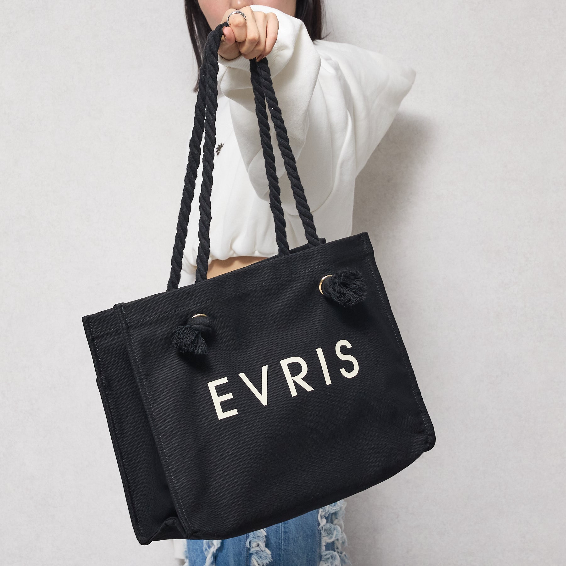 エヴリス EVRIS 【EVRIS/エヴリス】ロゴファブリック プリントロープトートバッグ／A4収納可 （BLK76） BLK76