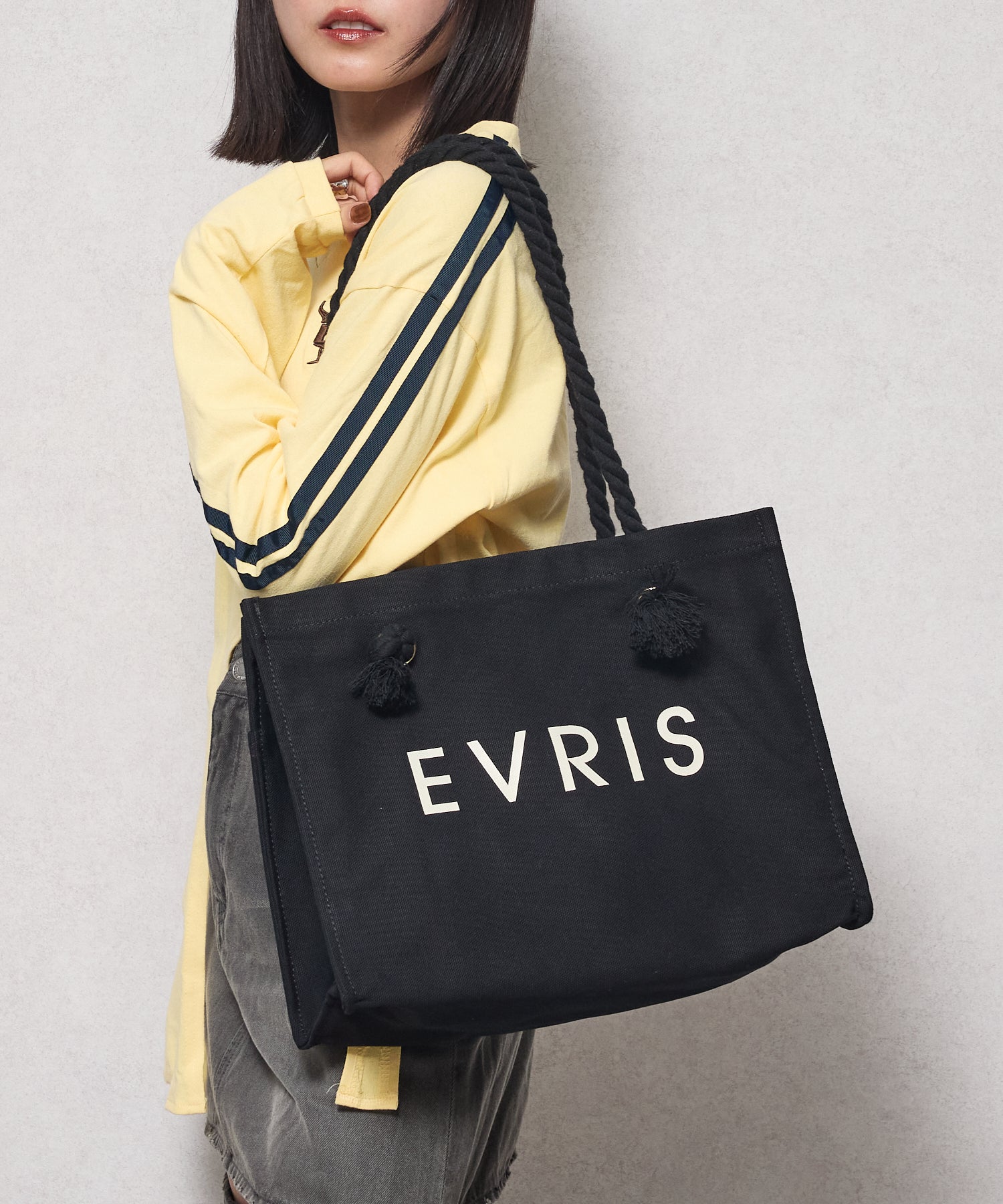 エヴリス EVRIS 【EVRIS/エヴリス】ロゴファブリック プリントロープトートバッグ／A4収納可 （BLK76） BLK76