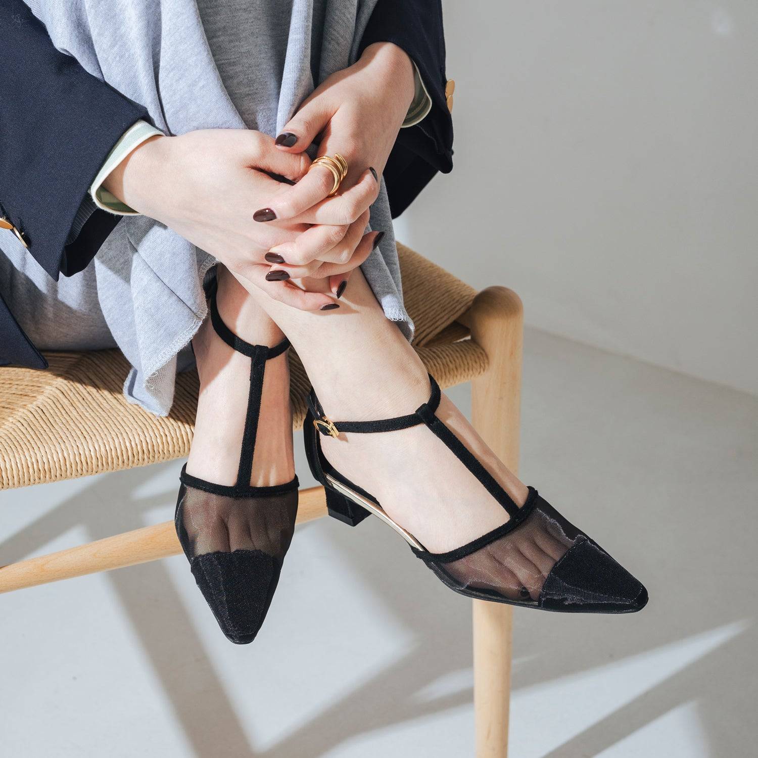 【EVOL】【Lightweight・Soft】T-Strap Chiffon Pumps IY5591