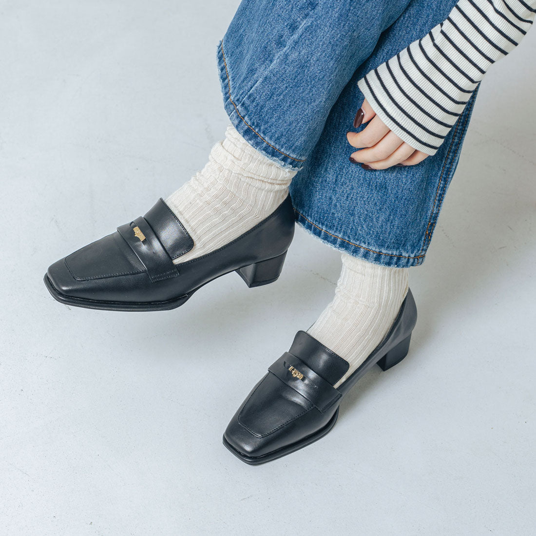 【EVOL/イーボル】 【晴雨兼用・ふかふか】スクエア3.5cmコインローファー IZ5786  （ブラック） ブラック