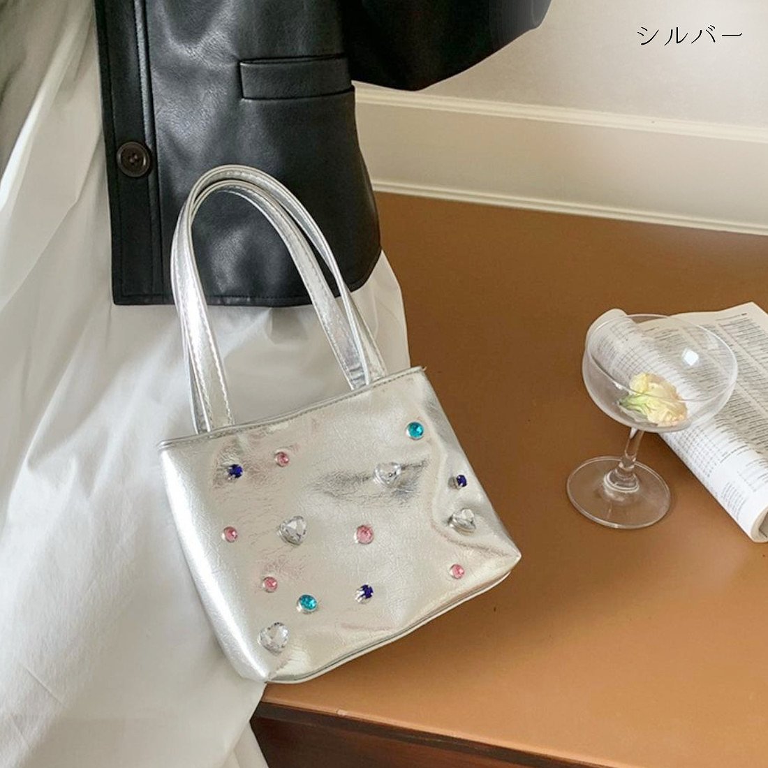 フォースメント Forcement ビジュー付き2WAYハンドバッグ （シルバー） シルバー