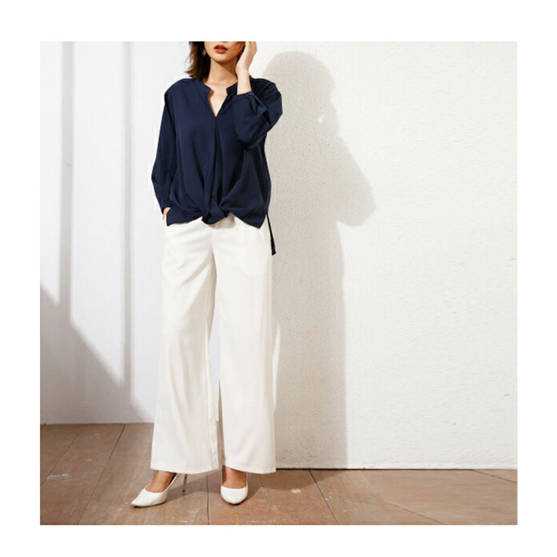 フォースメント Forcement スキッパーネックラインが女性らしいシフォンシャツ