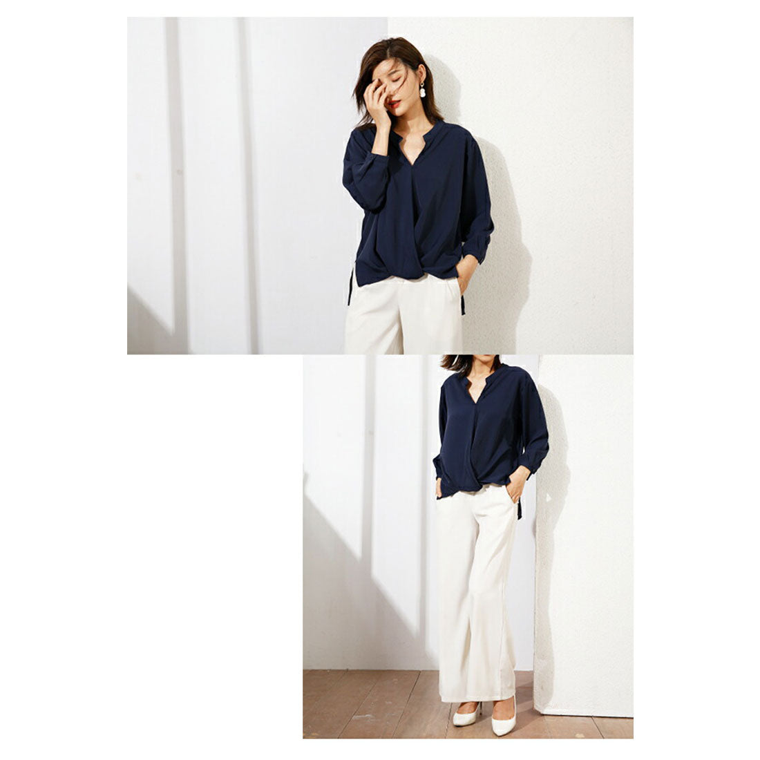 フォースメント Forcement スキッパーネックラインが女性らしいシフォンシャツ