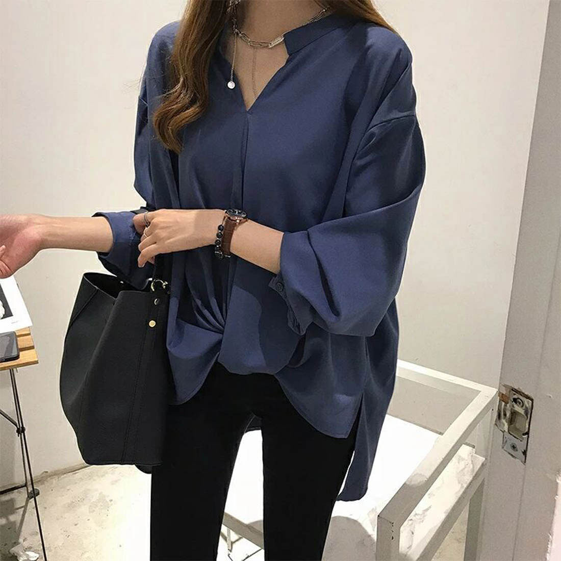 フォースメント Forcement スキッパーネックラインが女性らしいシフォンシャツ,ネイビー