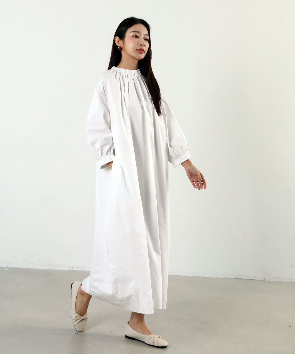 Forcement Balloon Sleeve Dress Volume Sleeve Street Style Minimalist Fashion Neat Casual Adult Women Monotone Clothes Korean Fashion