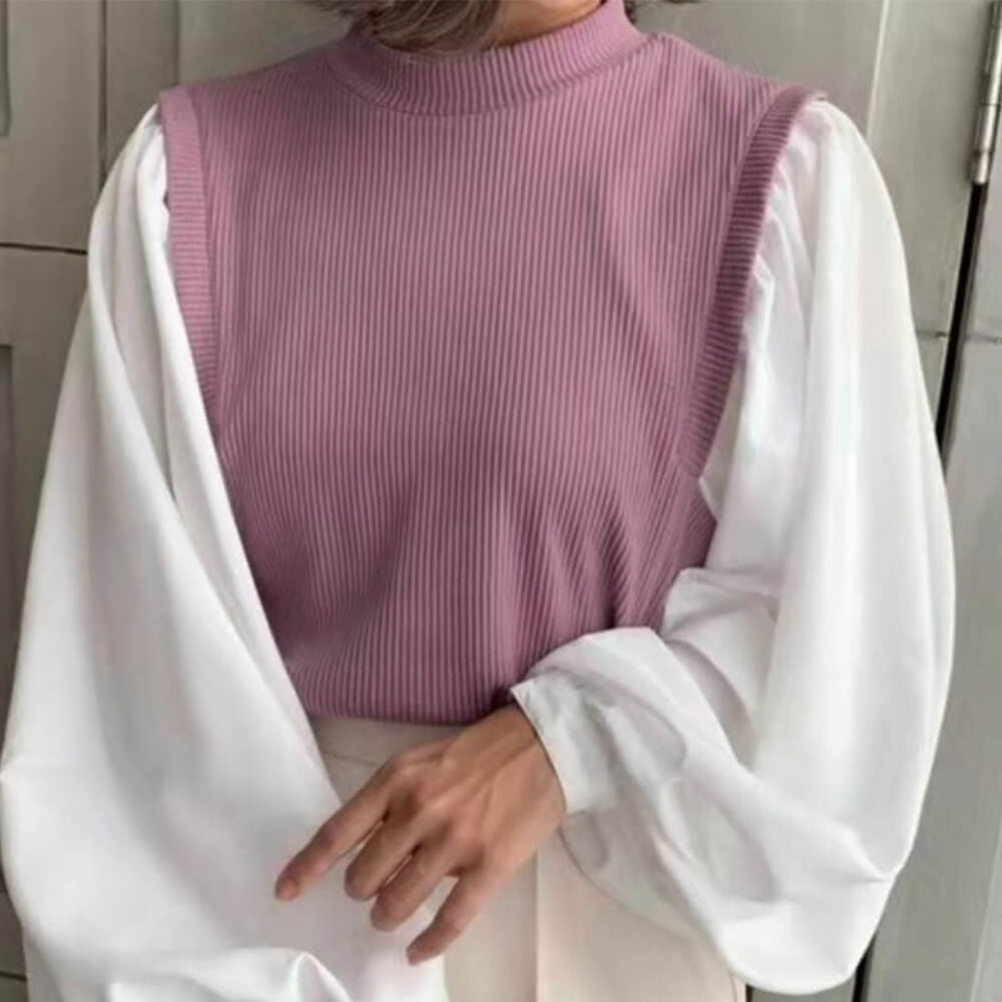 フォースメント Forcement ドッキングニットブラウス ボリュームスリーブ,パープル