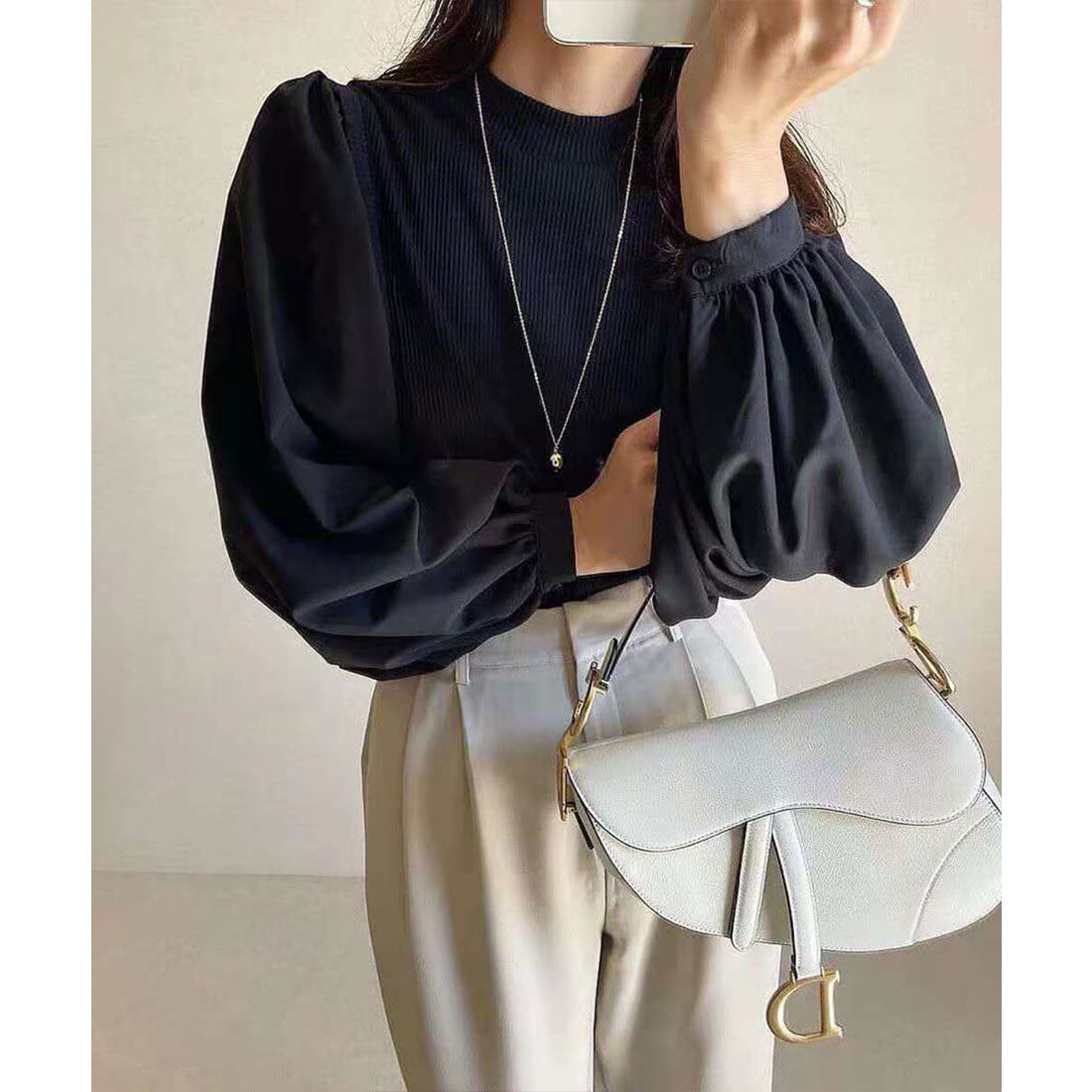 フォースメント Forcement ドッキングニットブラウス ボリュームスリーブ （パープル） パープル