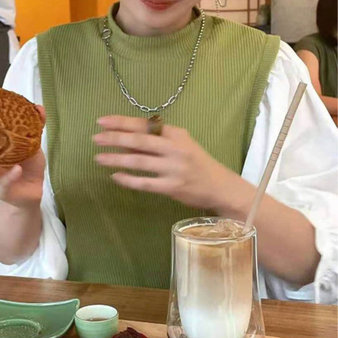 フォースメント Forcement ドッキングニットブラウス ボリュームスリーブ,グリーン