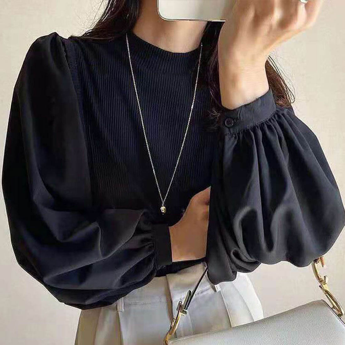 フォースメント Forcement ドッキングニットブラウス ボリュームスリーブ （ブラック） ブラック