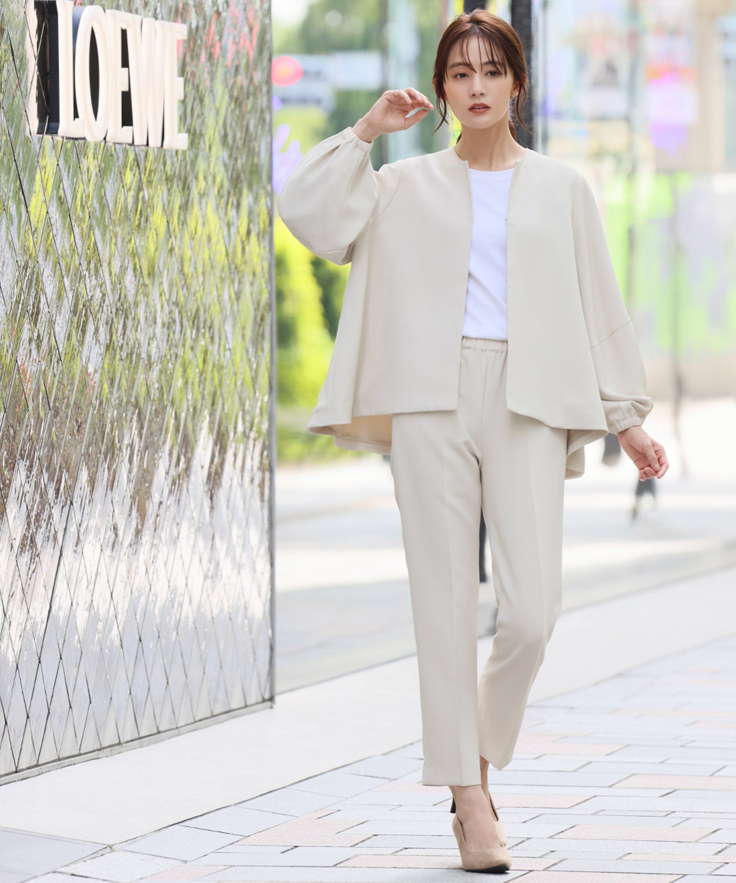 Flolia Floria Lantern Sleeve No-Collar Jacket & Tapered Pants 2-Piece Set Up Formal Ceremony Suit 【Washable】