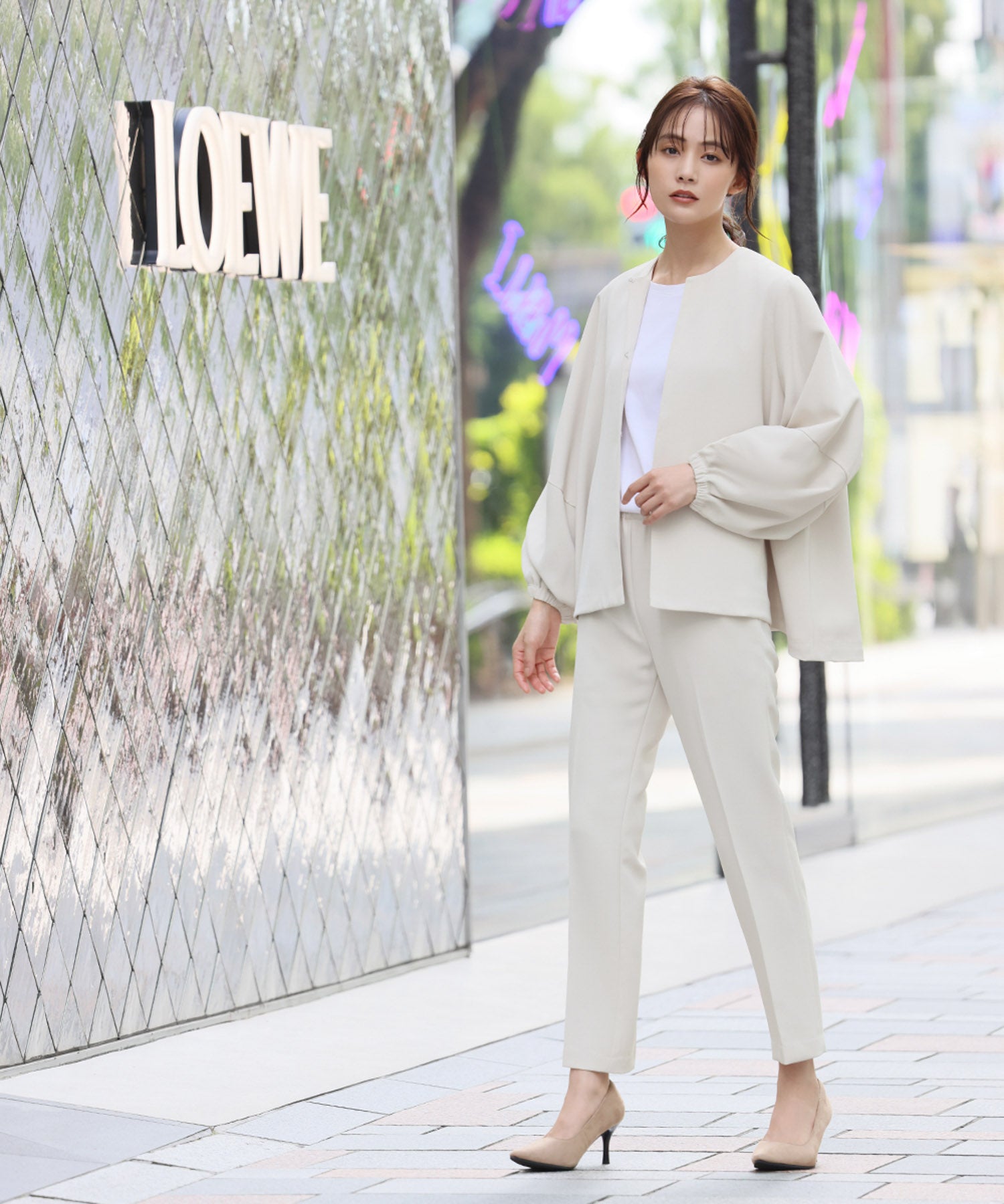 Flolia Floria Lantern Sleeve No-Collar Jacket & Tapered Pants 2-Piece Set Up Formal Ceremony Suit 【Washable】