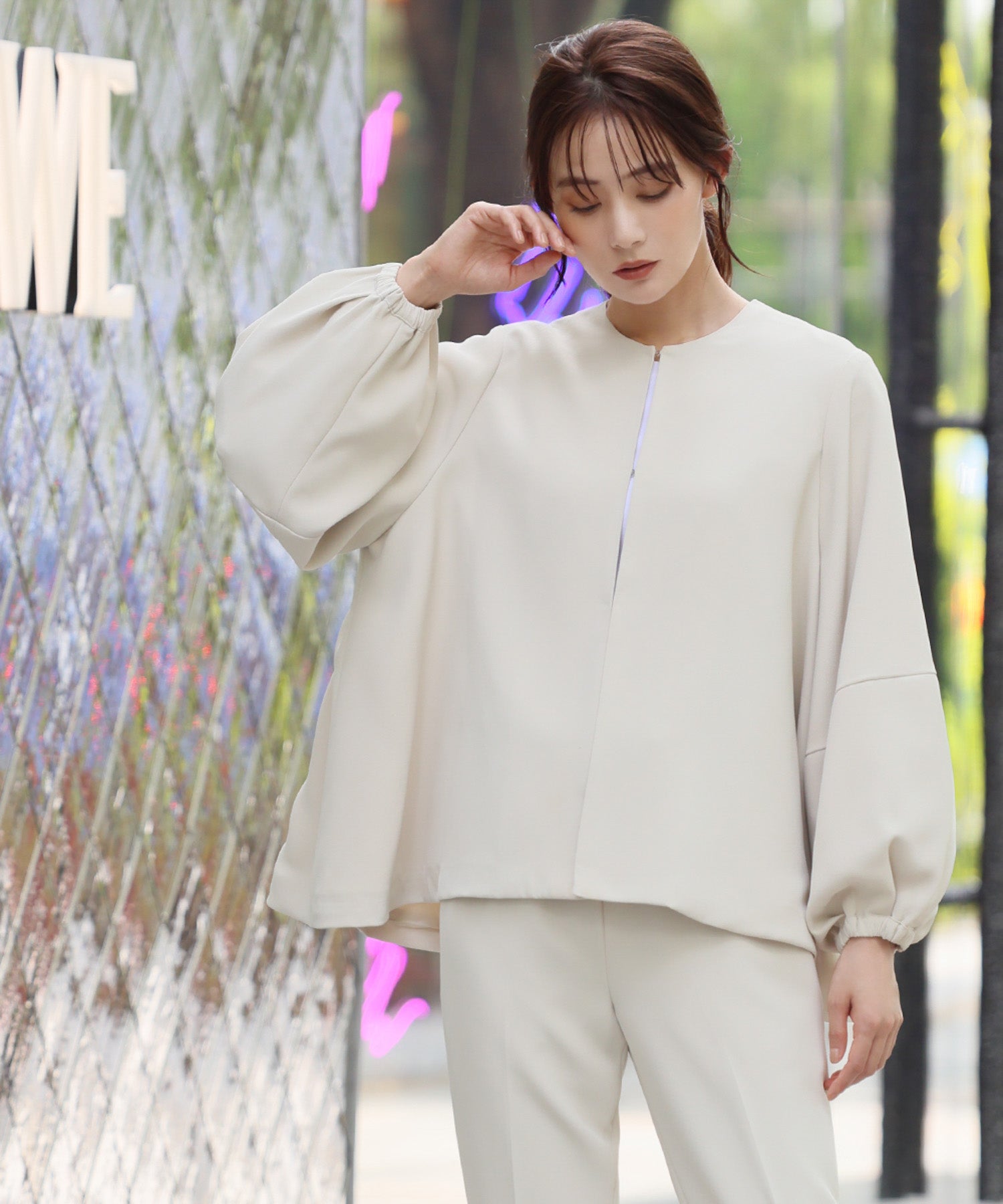 Flolia Floria Lantern Sleeve No-Collar Jacket & Tapered Pants 2-Piece Set Up Formal Ceremony Suit 【Washable】