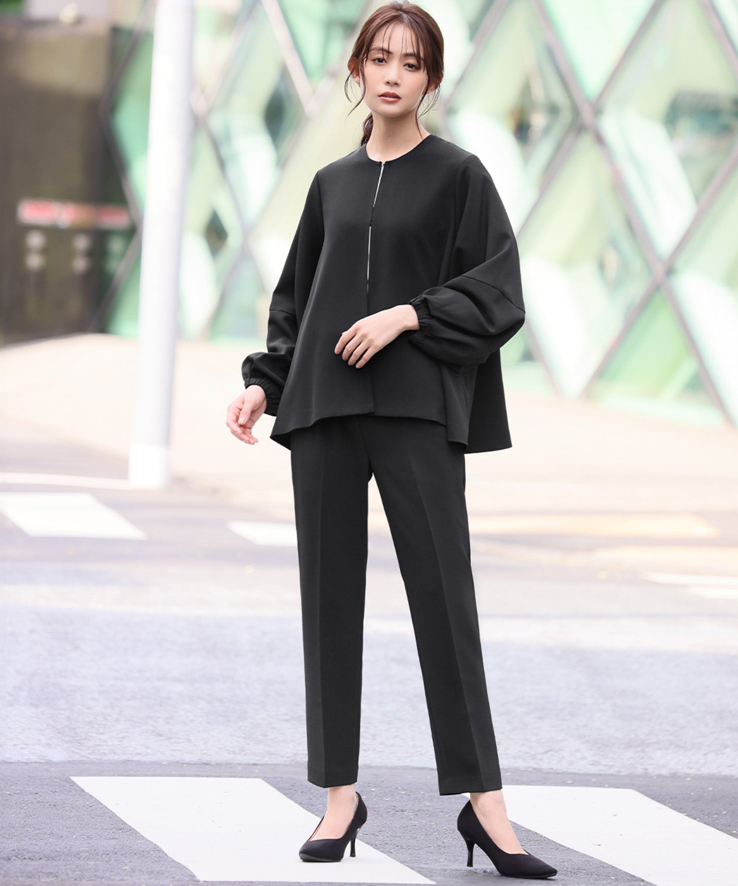 Flolia Floria Lantern Sleeve No-Collar Jacket & Tapered Pants 2-Piece Set Up Formal Ceremony Suit 【Washable】