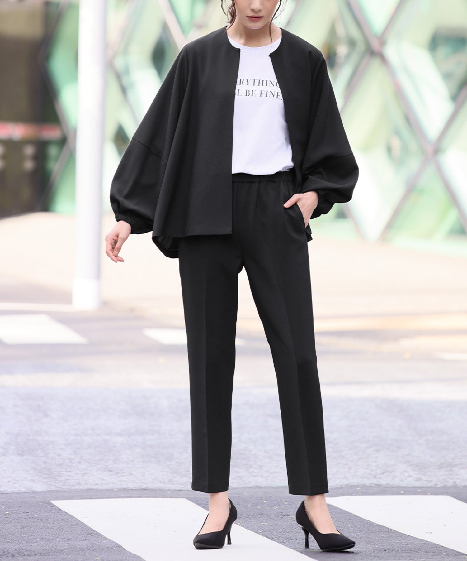 Flolia Floria Lantern Sleeve No-Collar Jacket & Tapered Pants 2-Piece Set Up Formal Ceremony Suit 【Washable】