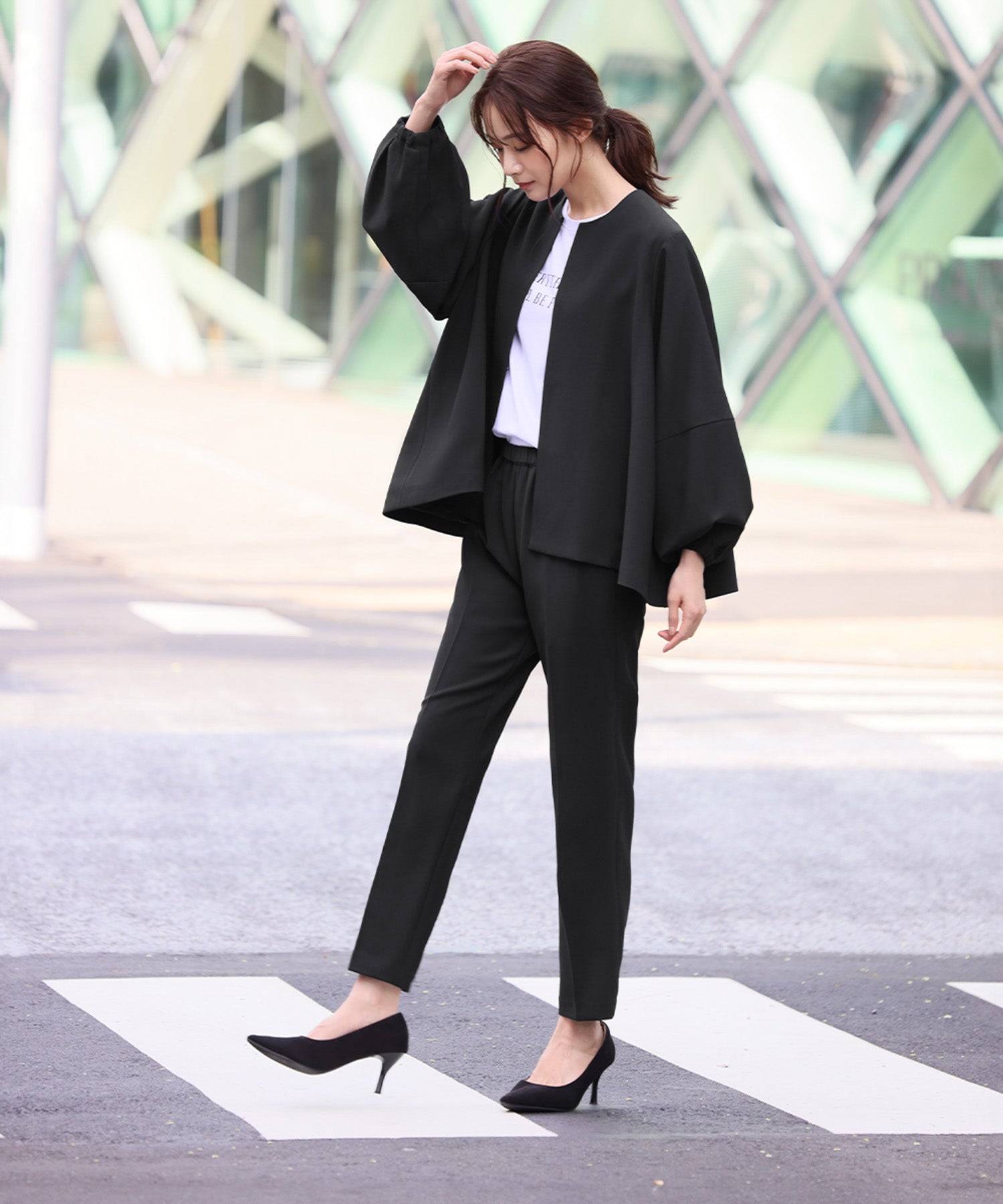 Flolia Floria Lantern Sleeve No-Collar Jacket & Tapered Pants 2-Piece Set Up Formal Ceremony Suit 【Washable】