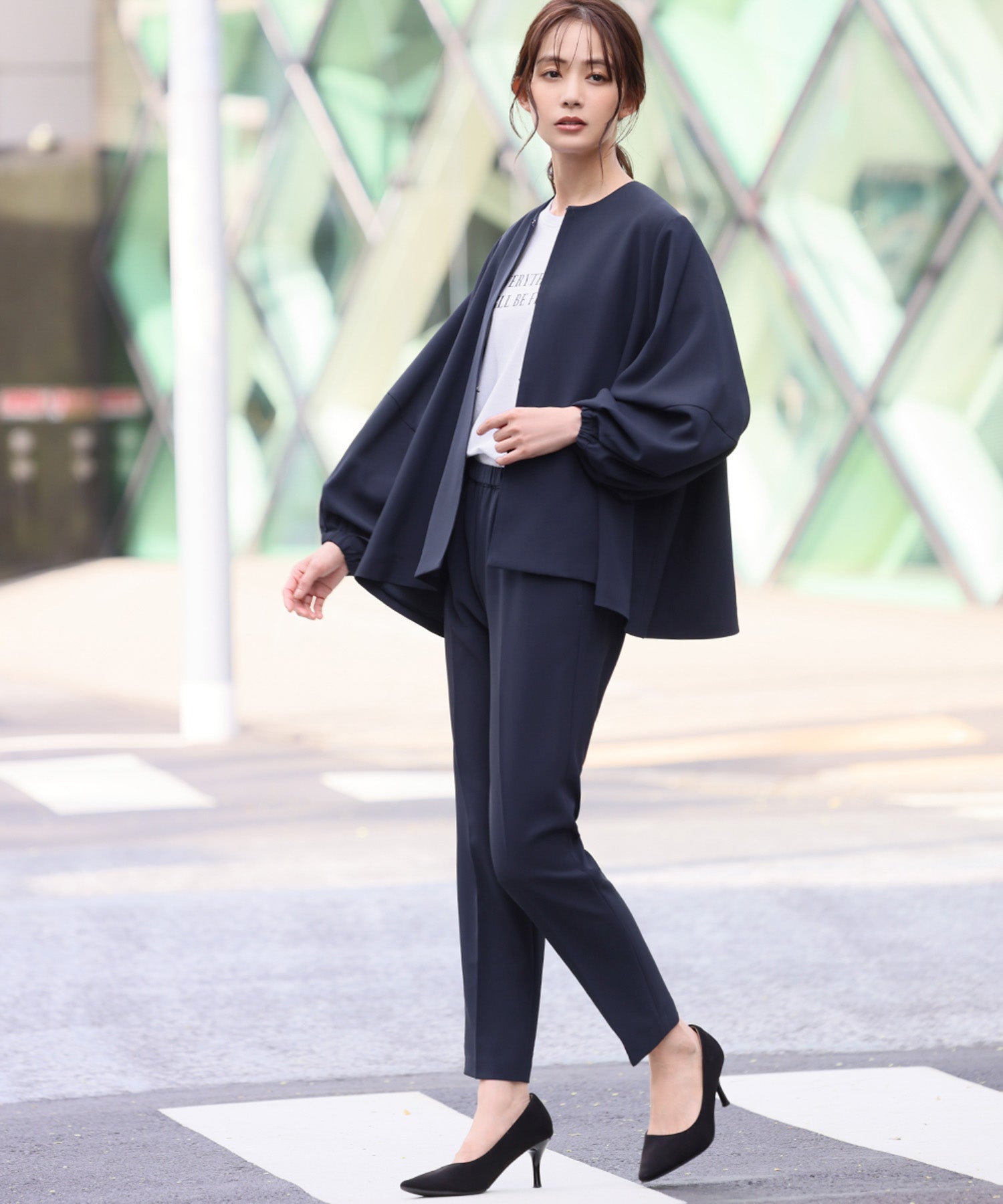 Flolia Floria Lantern Sleeve No-Collar Jacket & Tapered Pants 2-Piece Set Up Formal Ceremony Suit 【Washable】