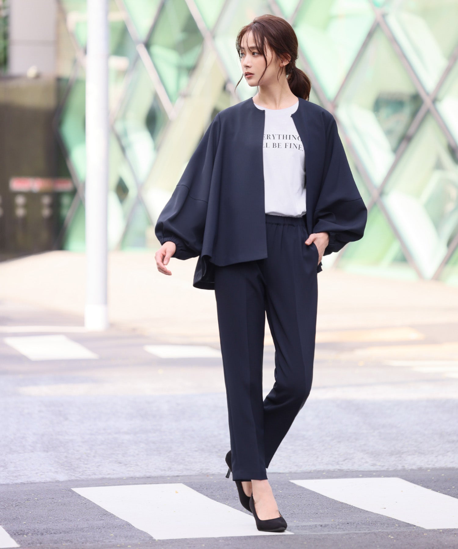 Flolia Floria Lantern Sleeve No-Collar Jacket & Tapered Pants 2-Piece Set Up Formal Ceremony Suit 【Washable】
