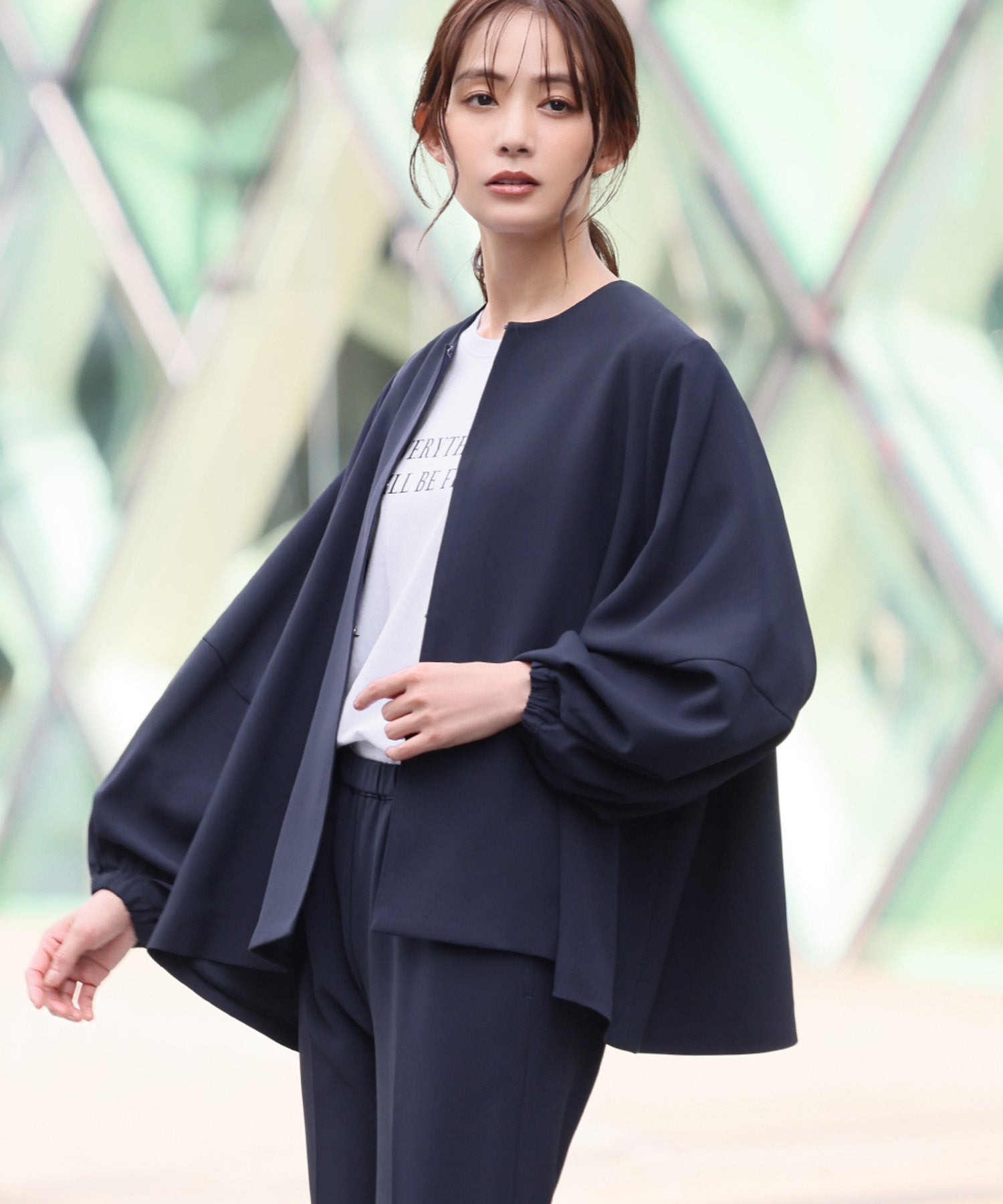 Flolia Floria Lantern Sleeve No-Collar Jacket & Tapered Pants 2-Piece Set Up Formal Ceremony Suit 【Washable】