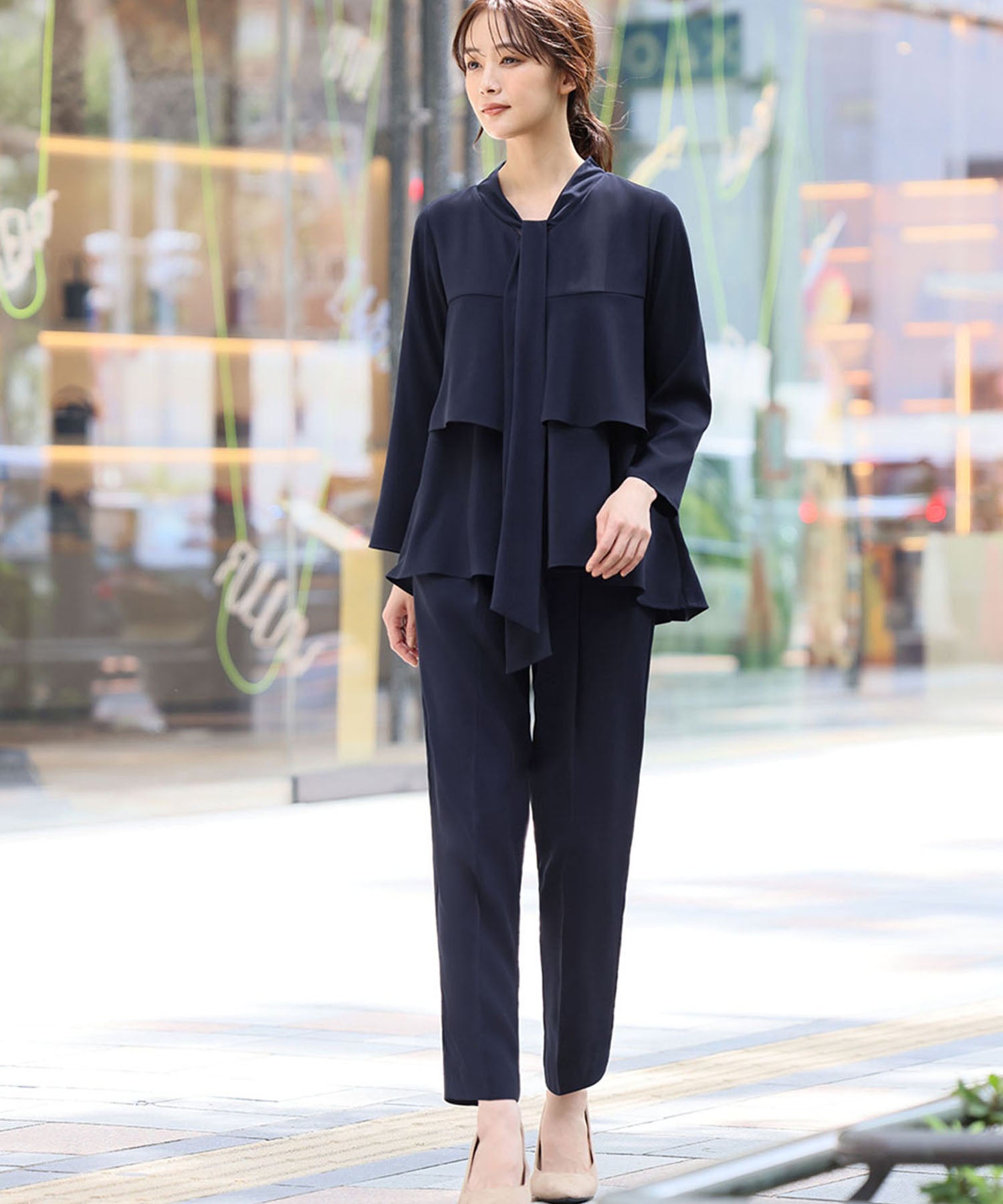 Flolia Bow Tie Tiered Blouse & Tapered Pants 2-Piece Set Up Formal Ceremony Suit 【Washable】