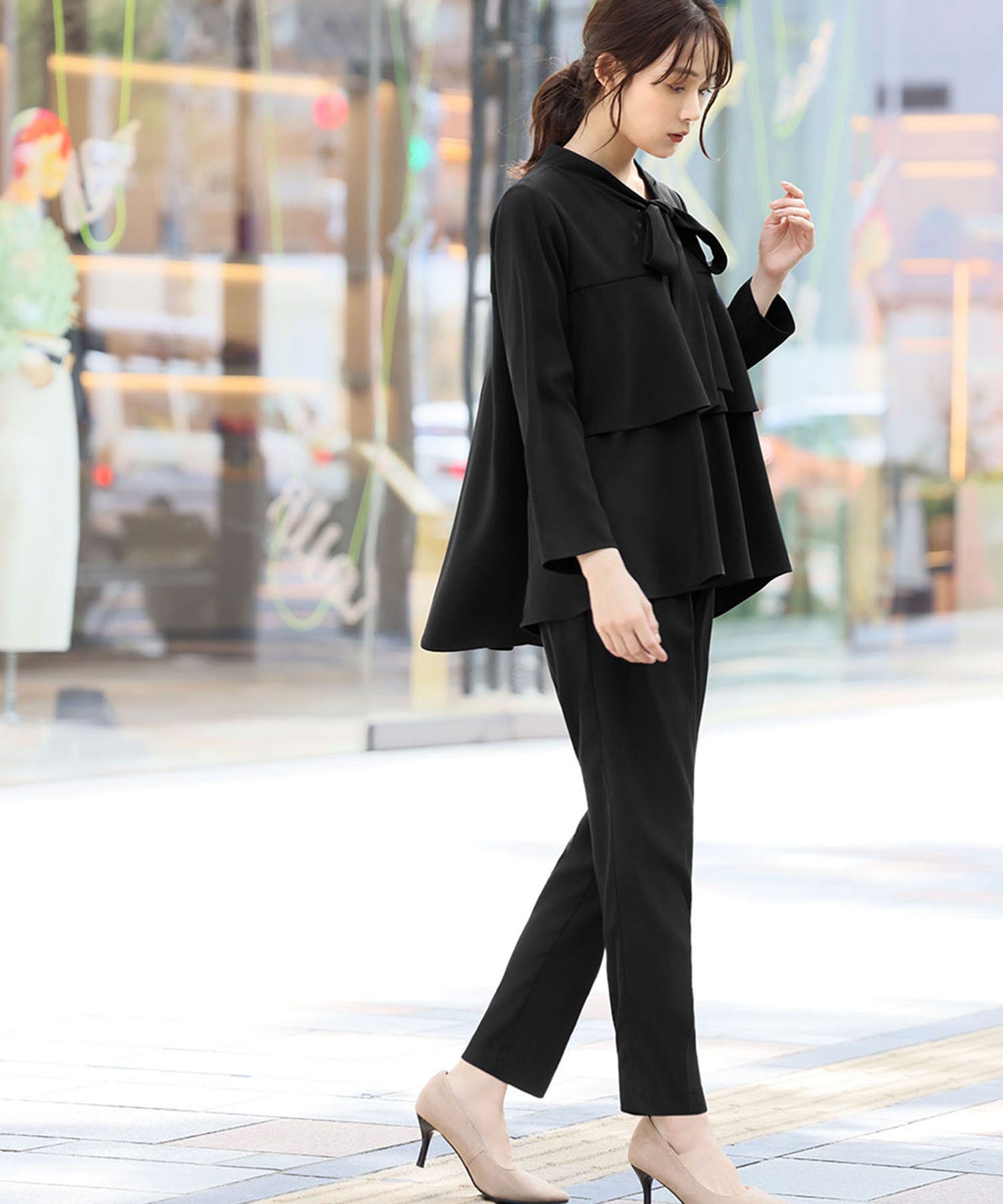 Flolia Bow Tie Tiered Blouse & Tapered Pants 2-Piece Set Up Formal Ceremony Suit 【Washable】