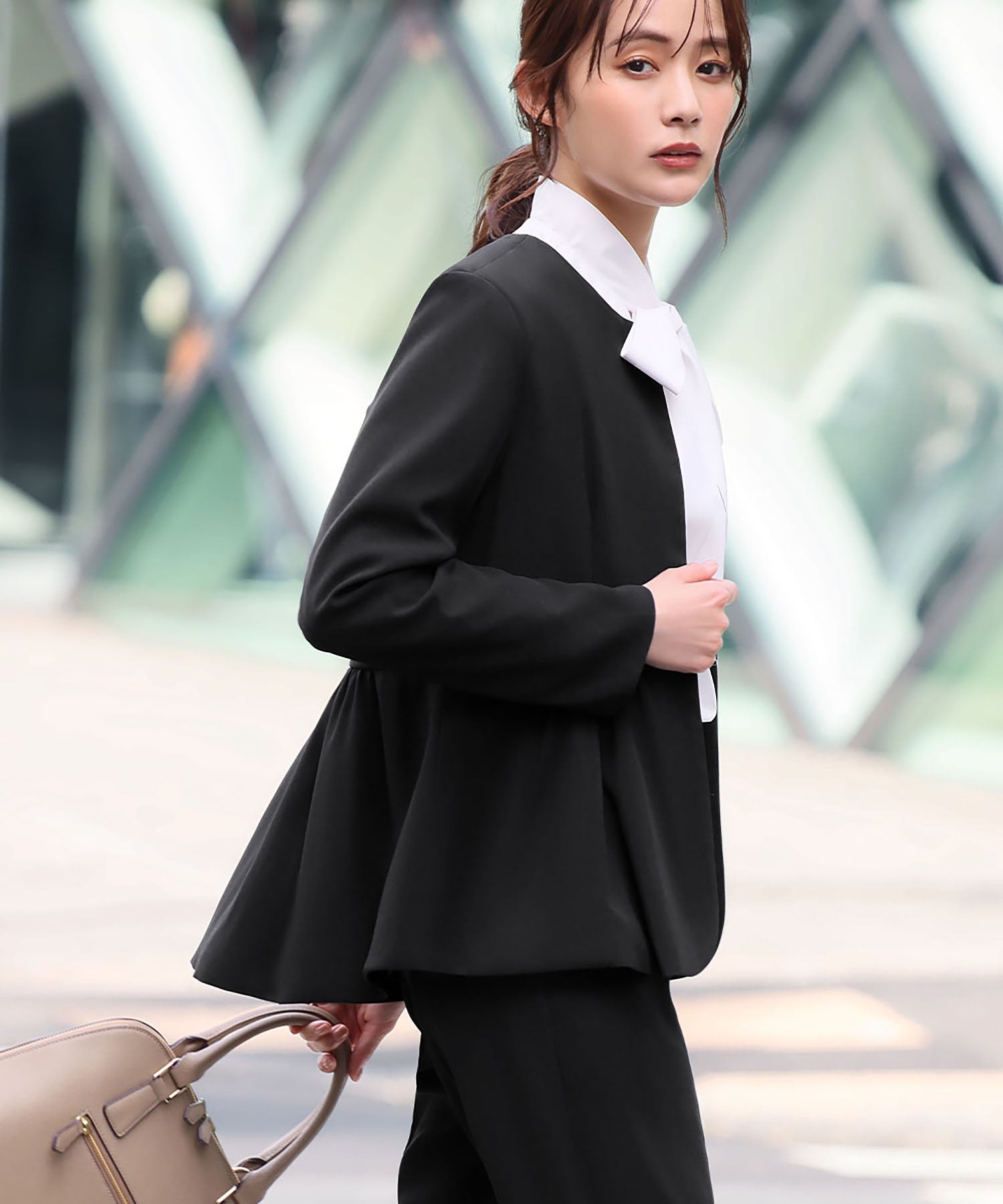 Flolia Peplum No-Collar Jacket, Bow Tie Blouse, and Tapered Pants 3-Piece Set Up Formal Ceremony Suit [Washable]