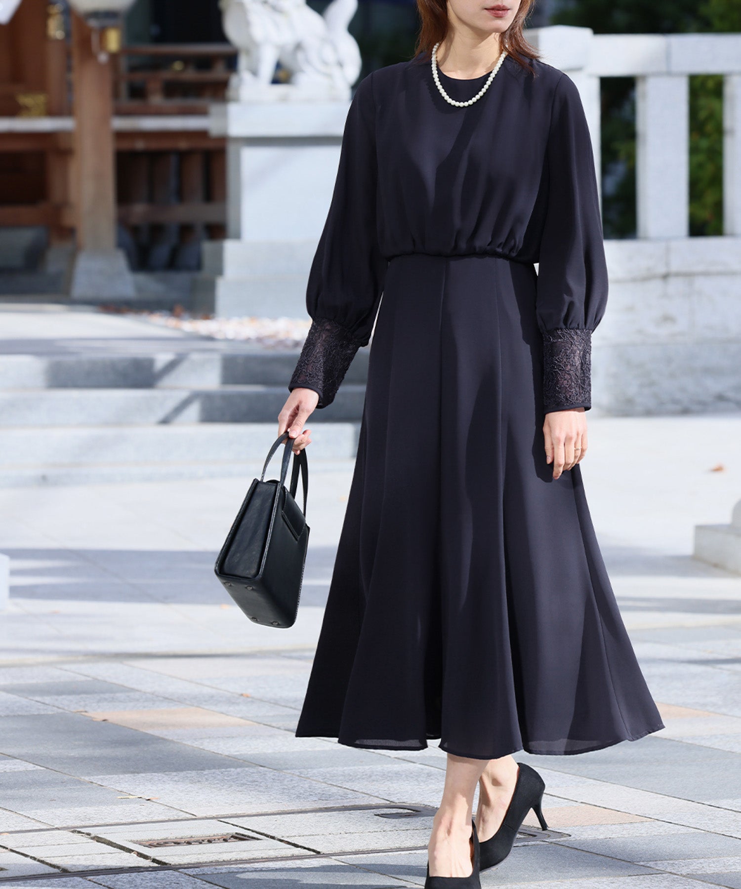 Flolia 【Mourning Attire・Formal Wear】 Lace Cuff Blousing Mermaid One-Piece Black Formal Formal Ceremony Occasion Shichi-Go-San