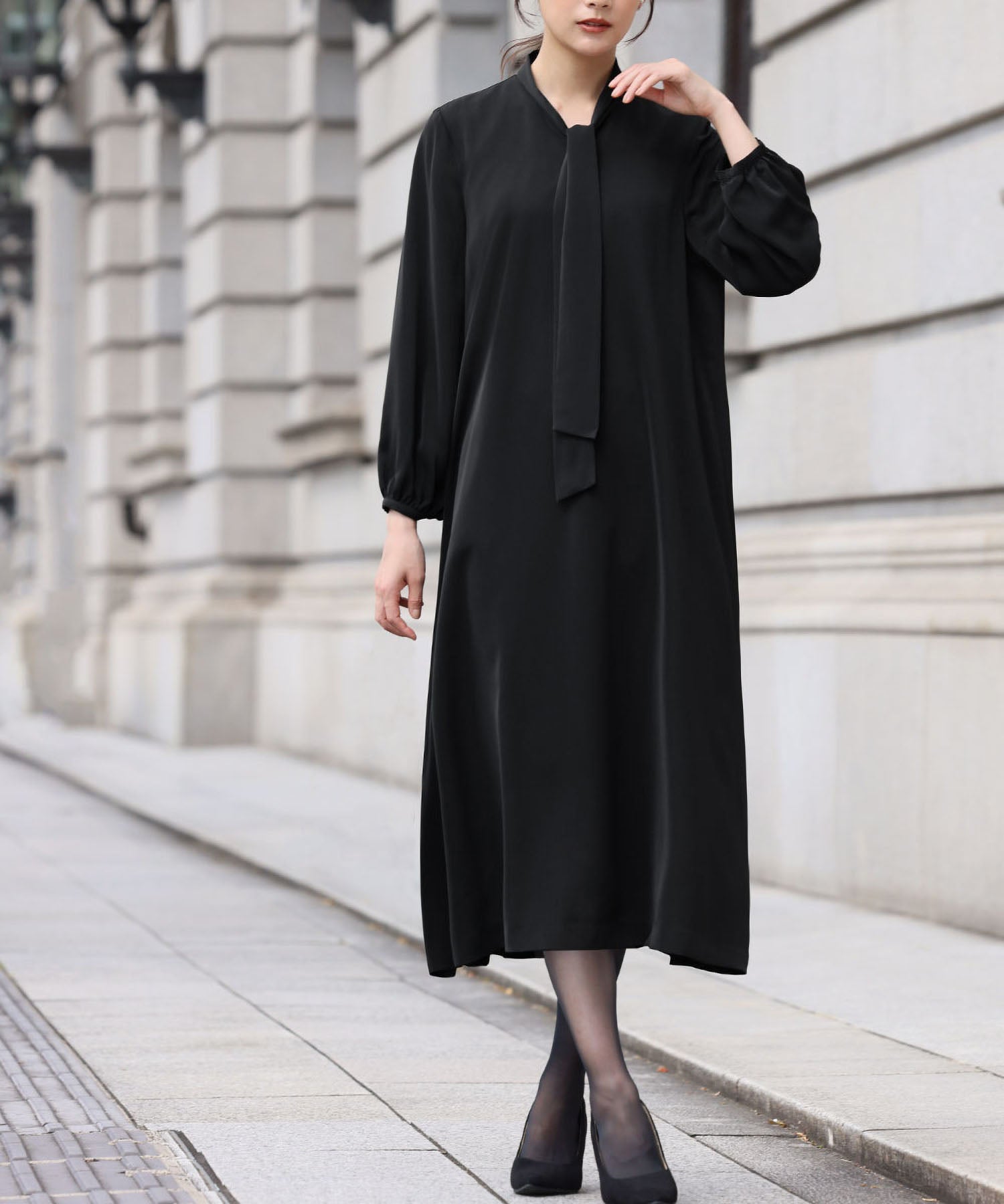 Flolia 【Mourning Attire・Formal Wear】 Long Vest Bow Tie Flare One-Piece Set Black Formal Formal Ceremony Occasion Shichi-Go-San