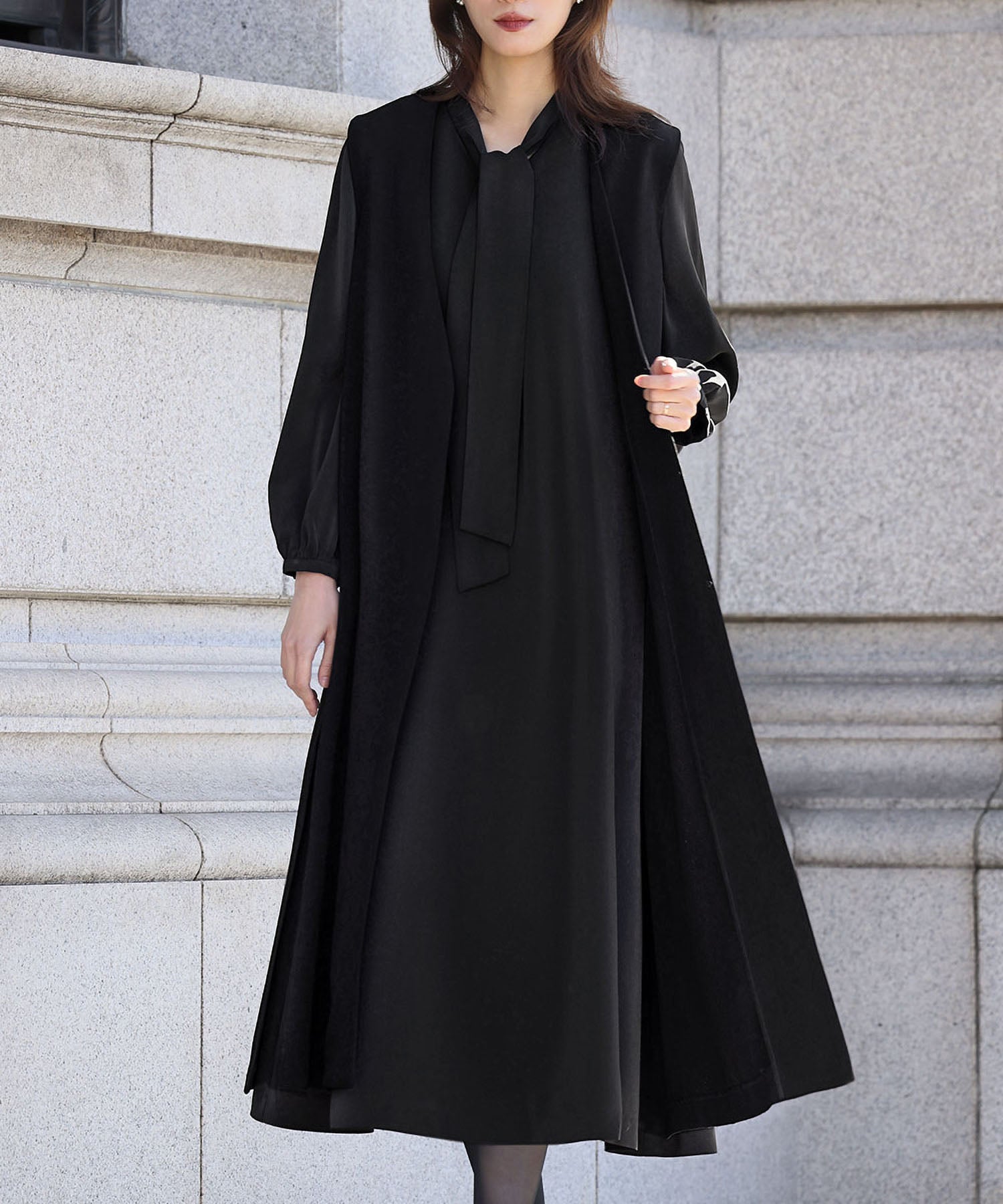 Flolia 【Mourning Attire・Formal Wear】 Long Vest Bow Tie Flare One-Piece Set Black Formal Formal Ceremony Occasion Shichi-Go-San