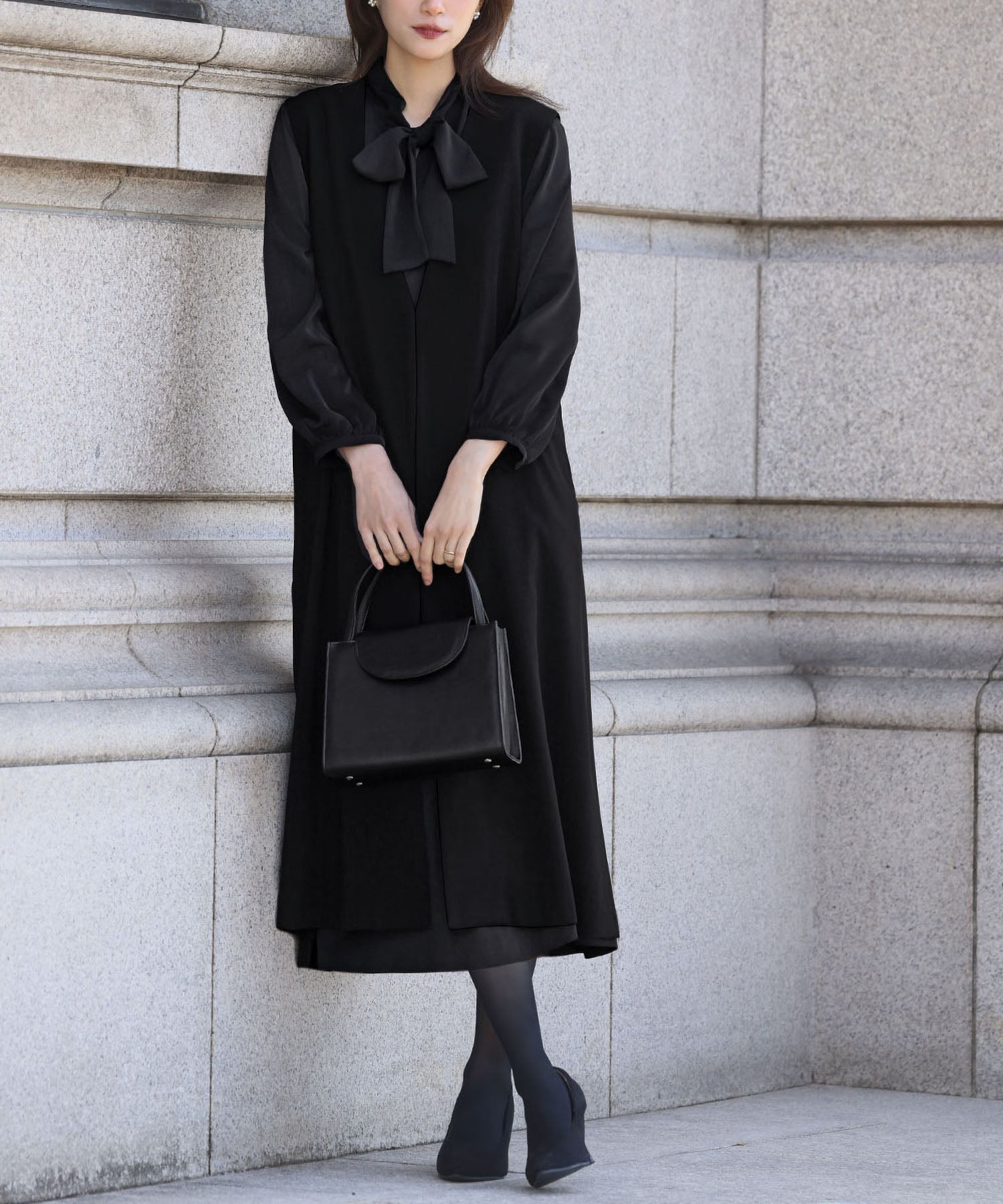 Flolia 【Mourning Attire・Formal Wear】 Long Vest Bow Tie Flare One-Piece Set Black Formal Formal Ceremony Occasion Shichi-Go-San