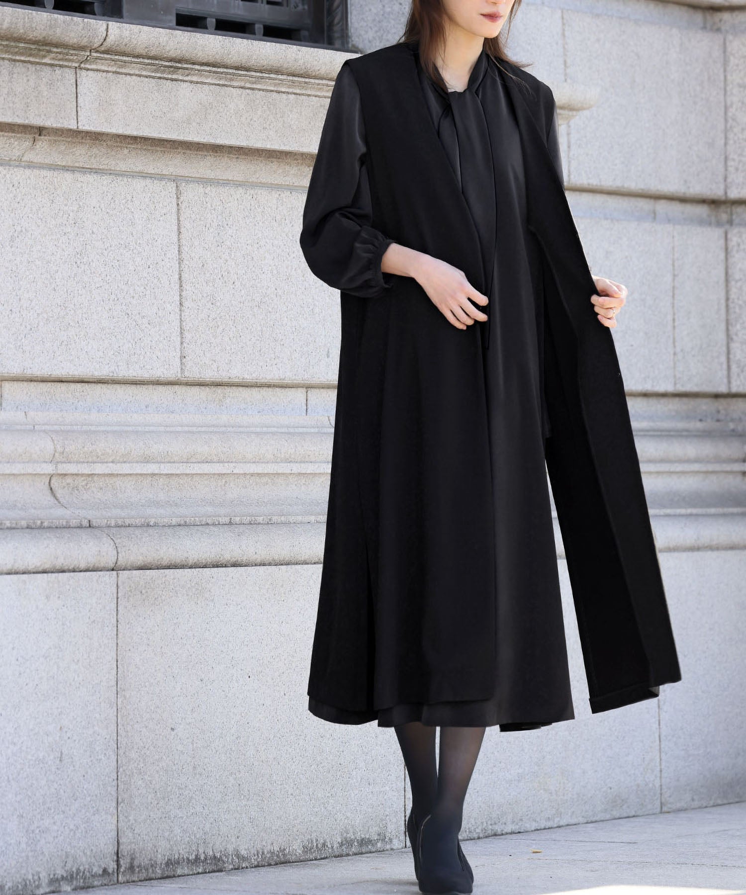 Flolia 【Mourning Attire・Formal Wear】 Long Vest Bow Tie Flare One-Piece Set Black Formal Formal Ceremony Occasion Shichi-Go-San