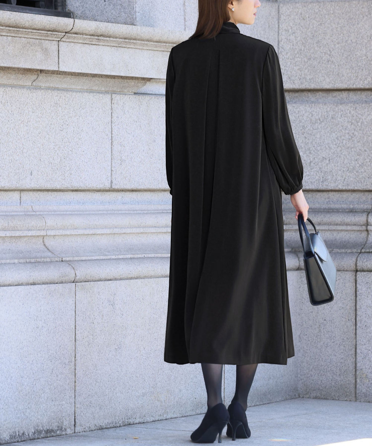 Flolia 【Mourning Attire・Formal Wear】 Long Vest Bow Tie Flare One-Piece Set Black Formal Formal Ceremony Occasion Shichi-Go-San