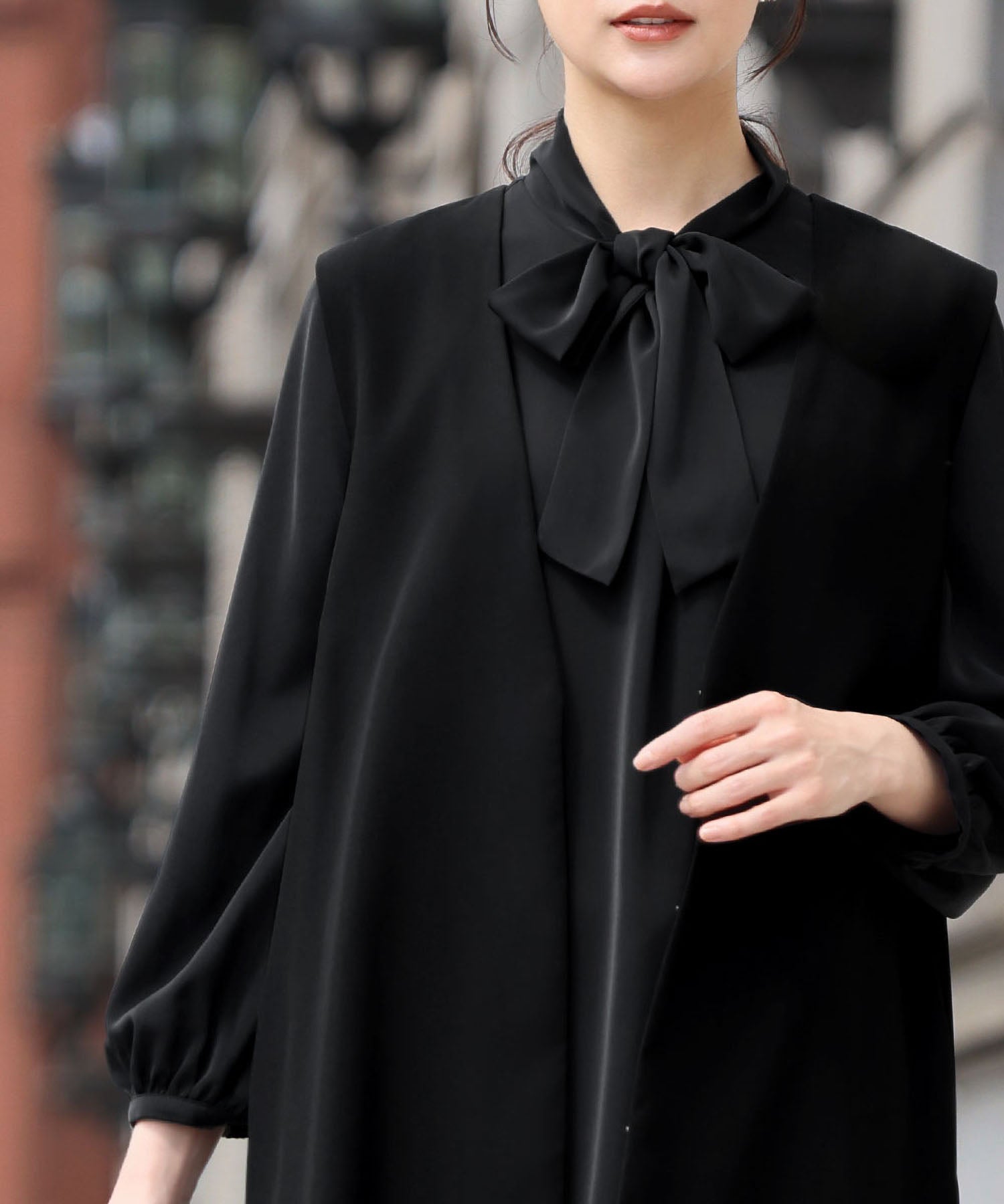 Flolia 【Mourning Attire・Formal Wear】 Long Vest Bow Tie Flare One-Piece Set Black Formal Formal Ceremony Occasion Shichi-Go-San