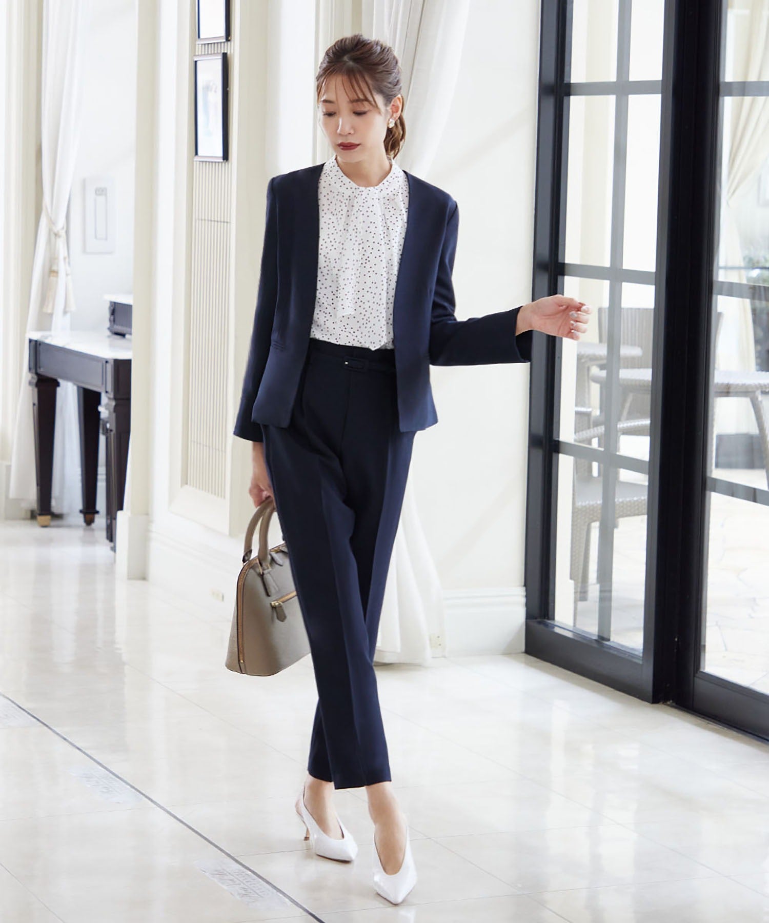 Flolia Belted High Waist Tapered Pants Office Business Formal