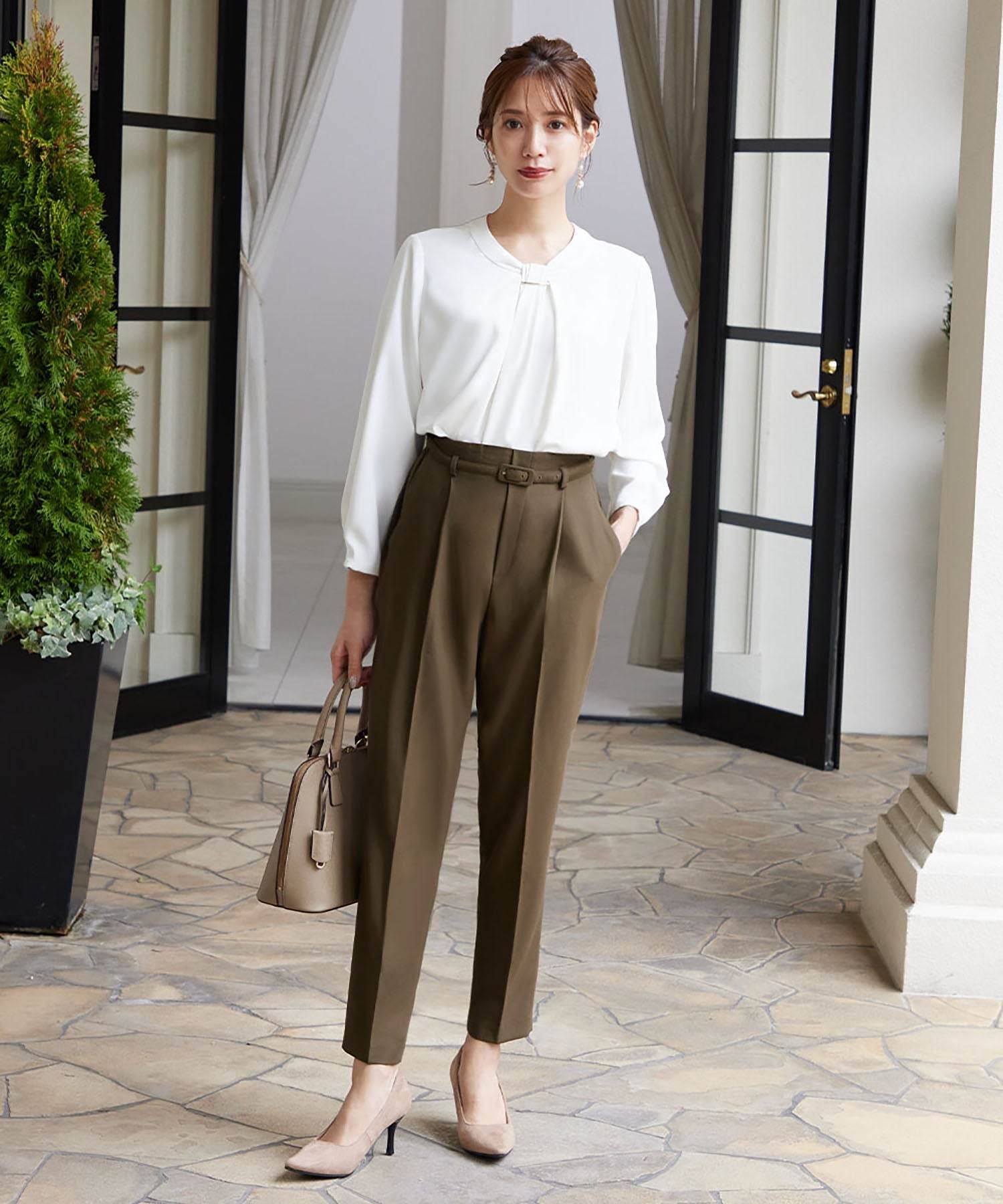 Flolia Belted High Waist Tapered Pants Office Business Formal