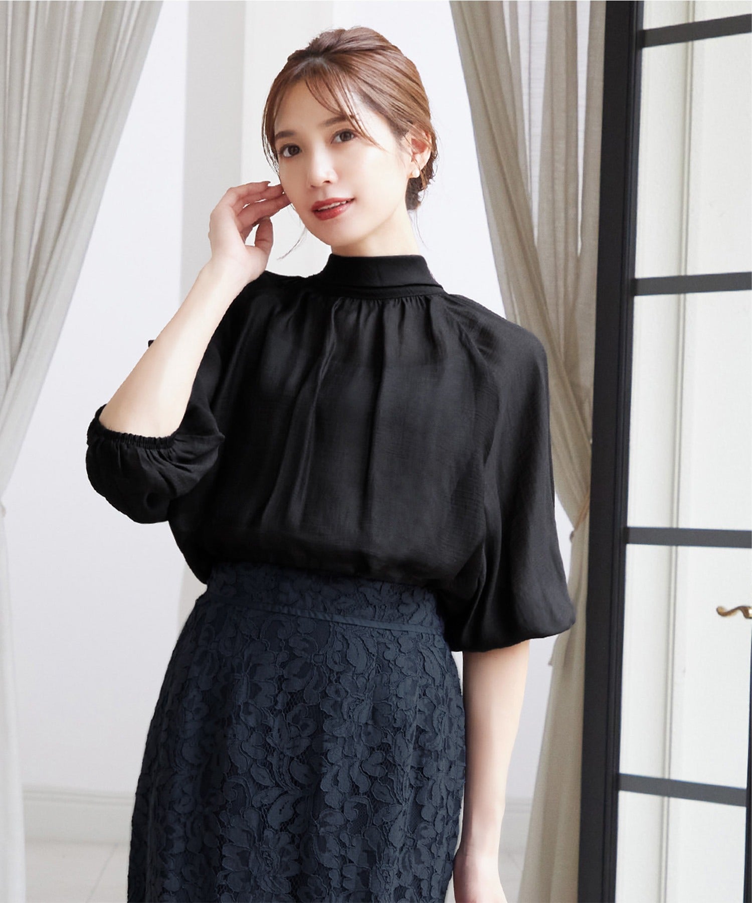Flolia 2way volume sleeve big ribbon stand neck half sleeve blouse