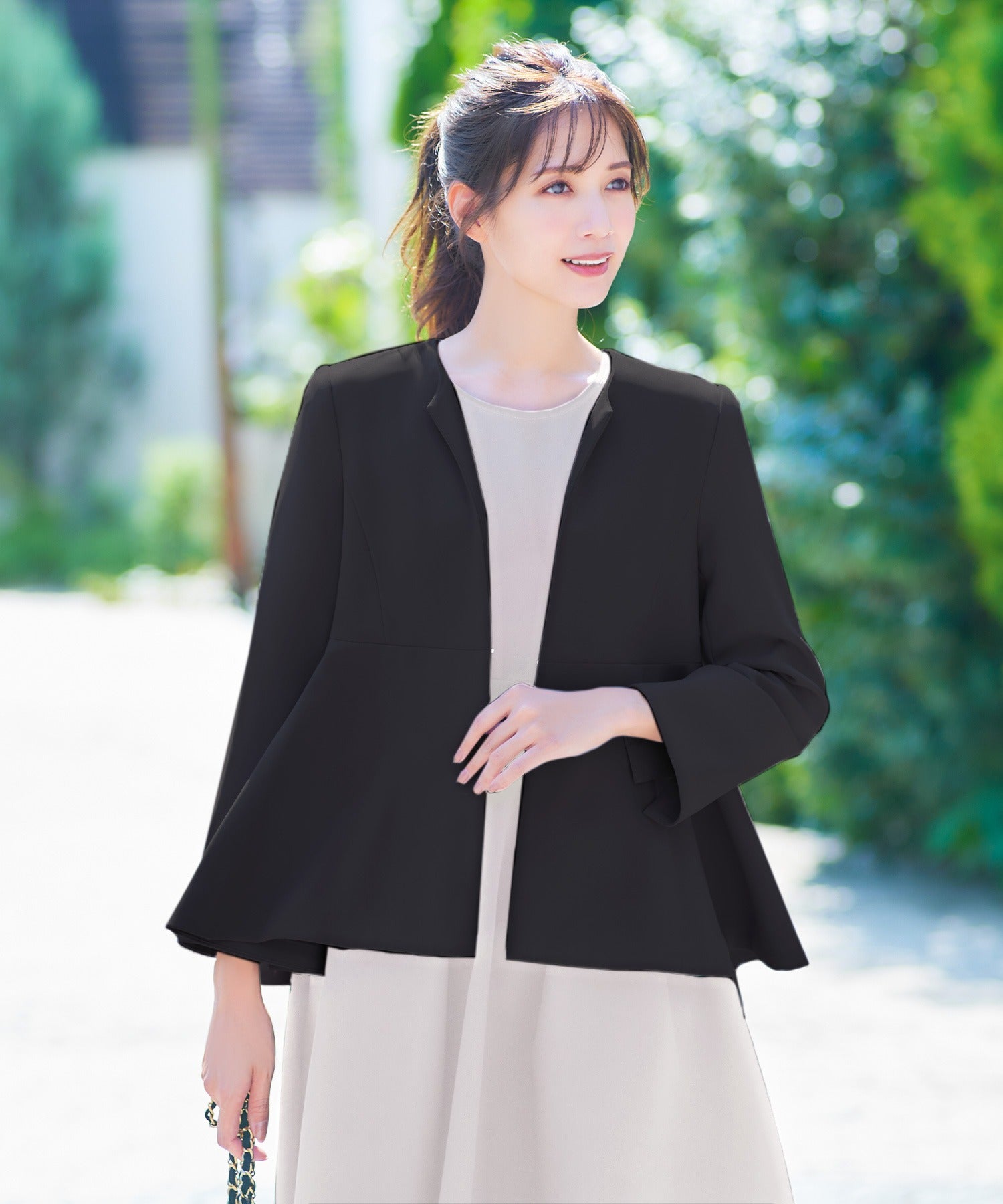 Flolia [Washable at home] Peplum design round neck no-collar mid-length long sleeve jacket