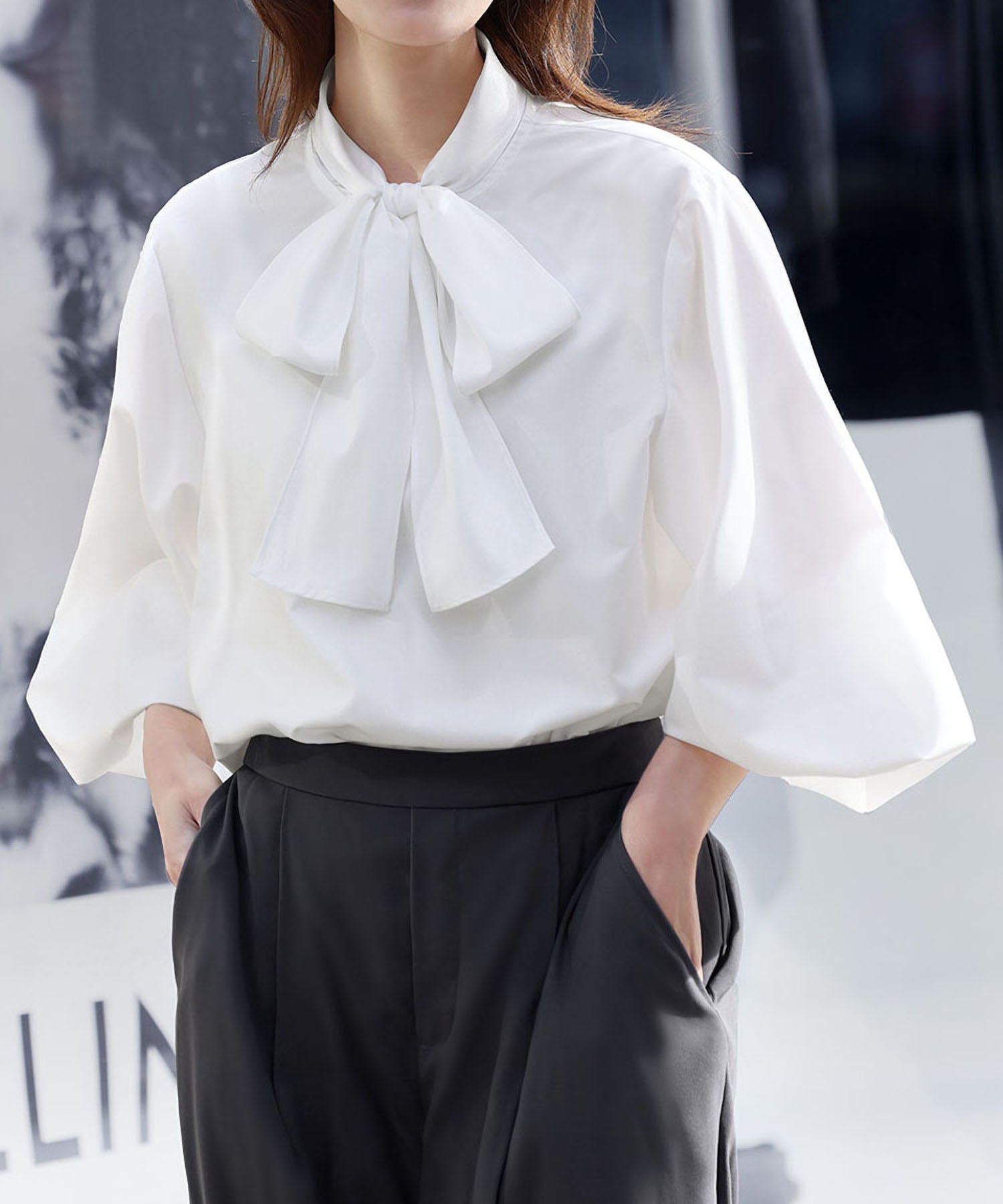 Flolia Bow Tie Volume Sleeve Blouse [Washable]