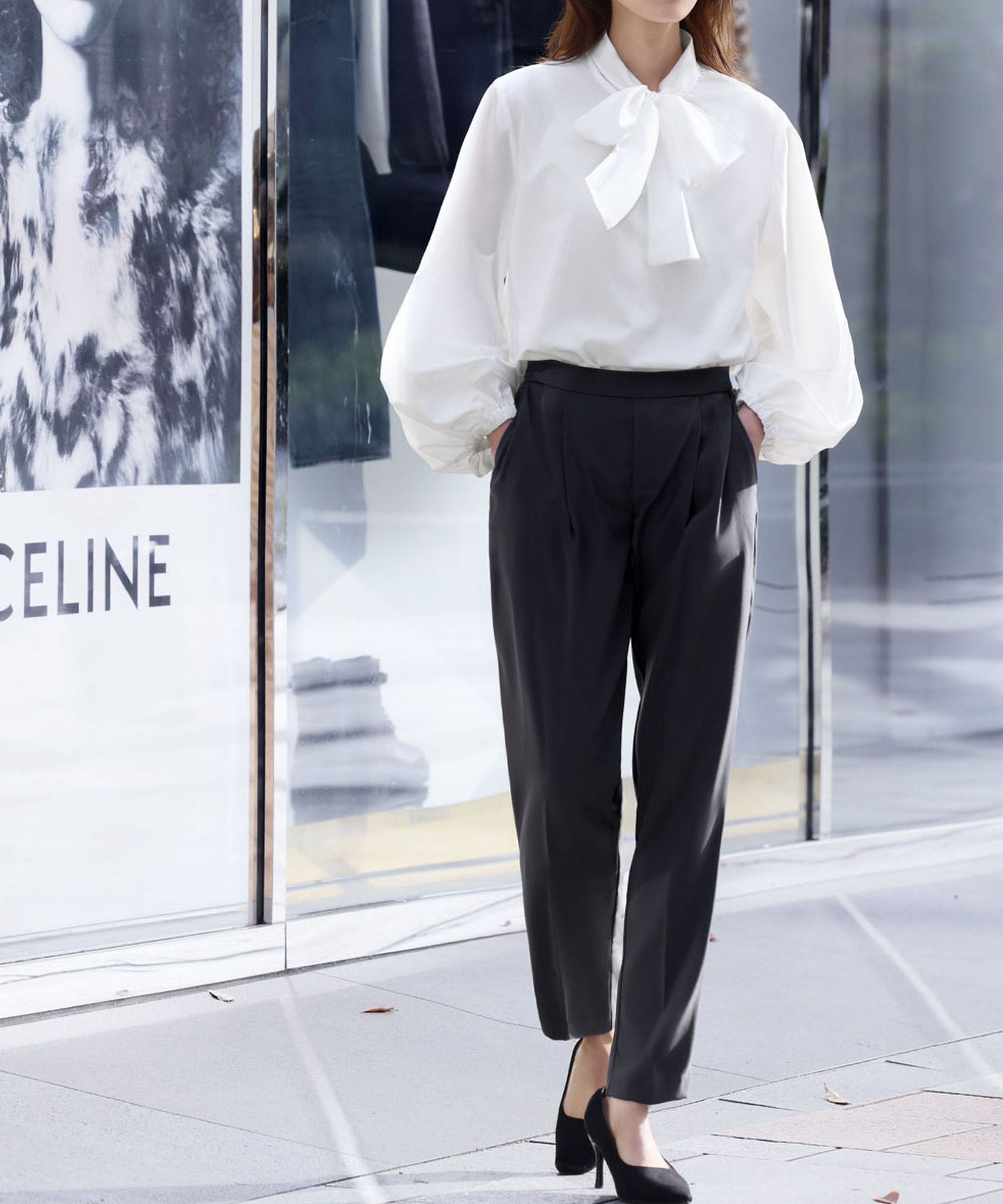 Flolia Bow Tie Volume Sleeve Blouse [Washable]