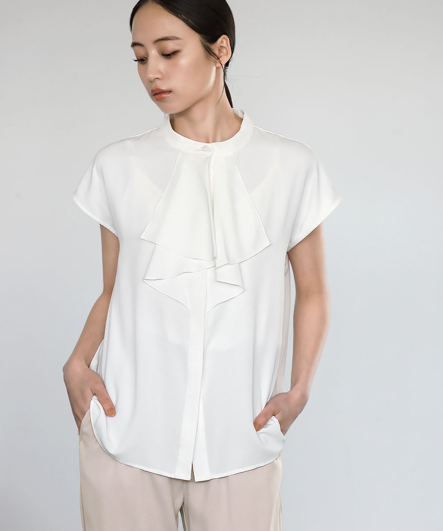 Flolia Frill Tie Short Sleeve Business Blouse [Washable]