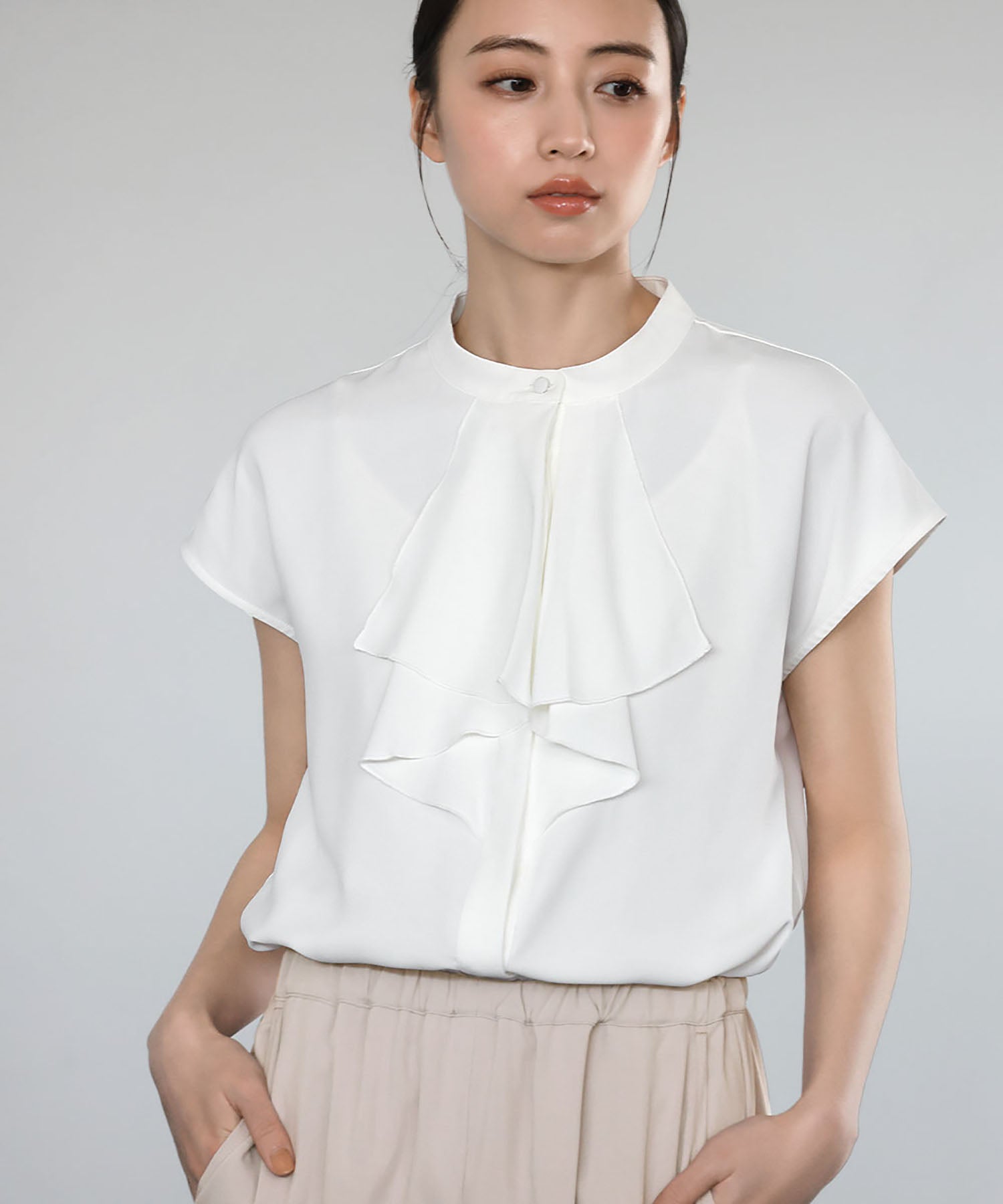 Flolia Frill Tie Short Sleeve Business Blouse [Washable]