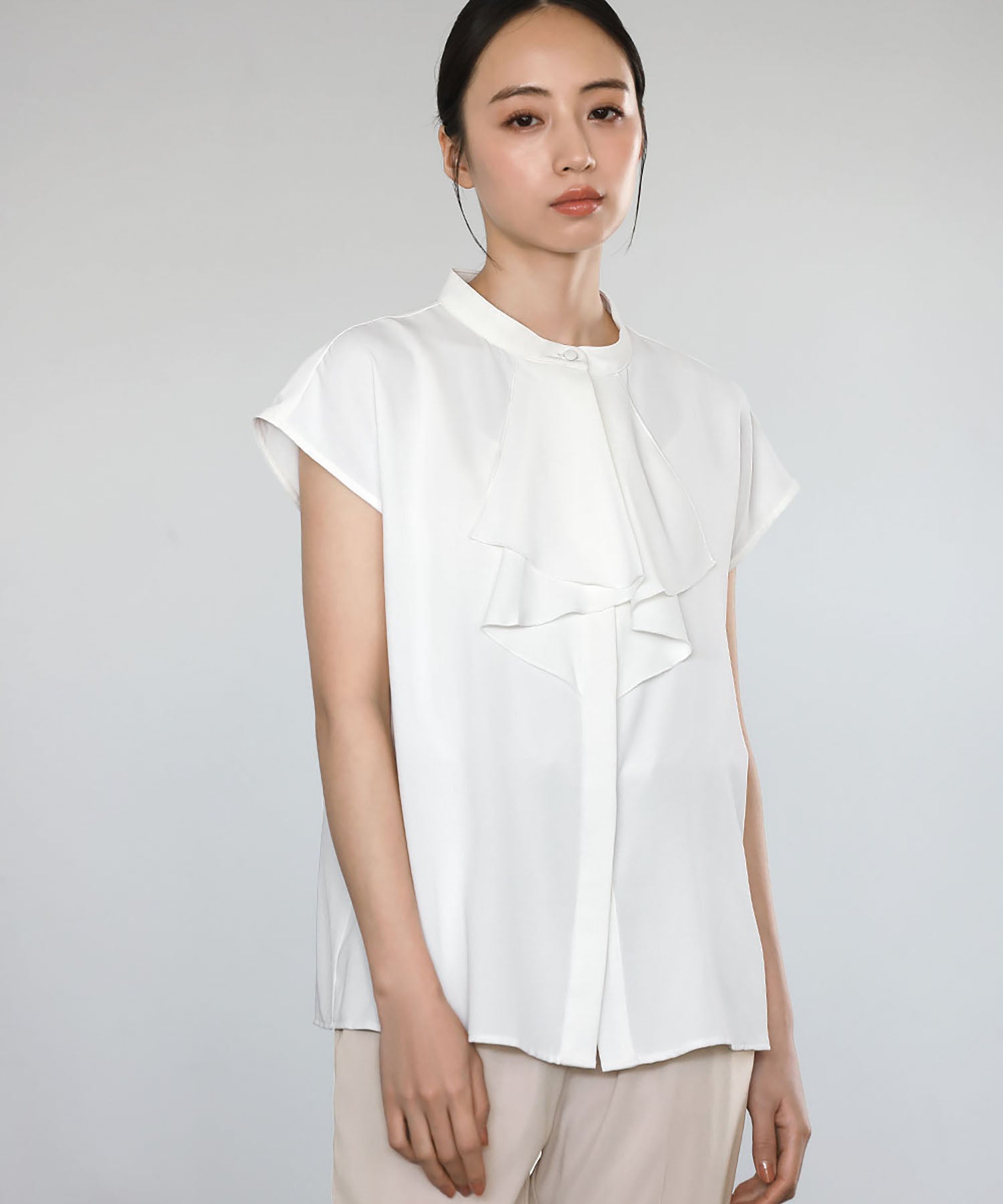 Flolia Frill Tie Short Sleeve Business Blouse [Washable]