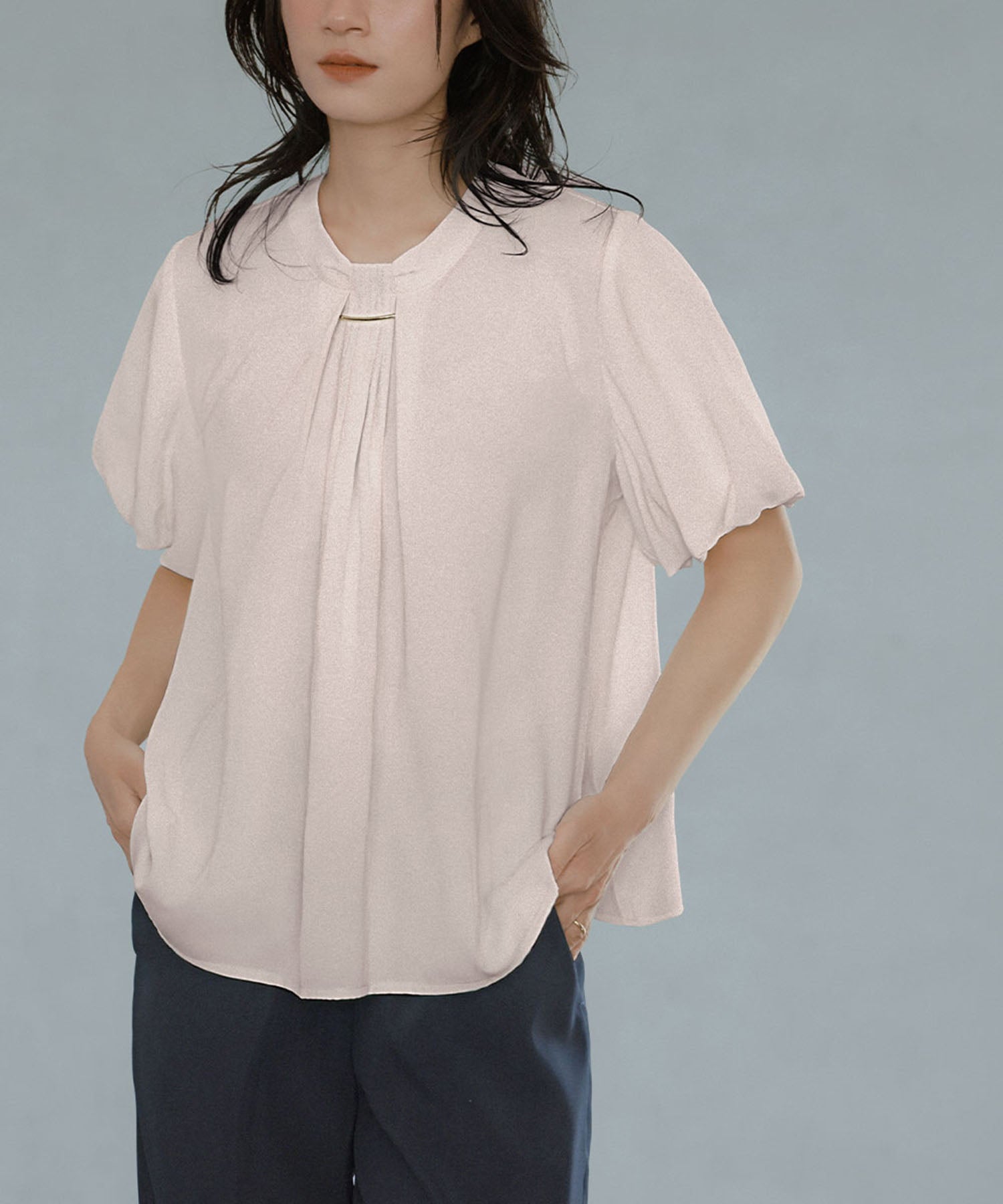 Flolia Puff Sleeve Bow Tie Style Business Blouse [Washable]